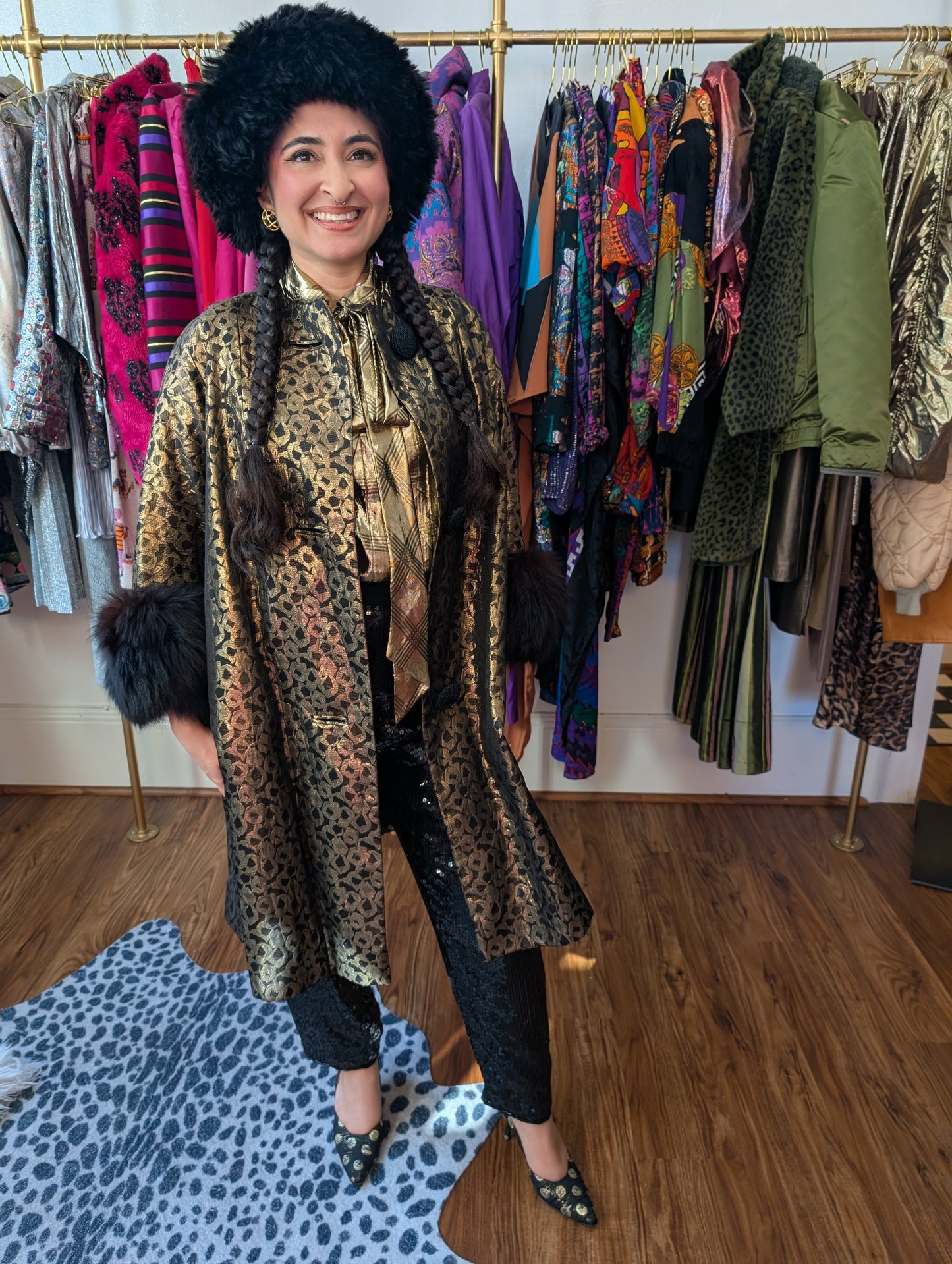 70s Metallic Fur Trimmed Swing Coat