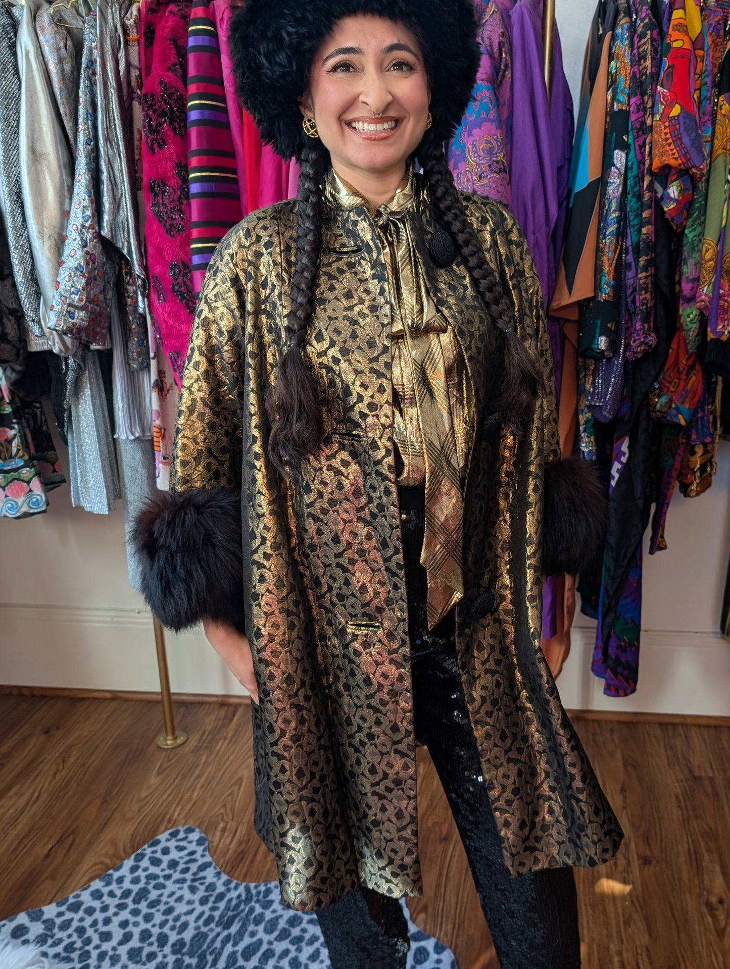 70s Metallic Fur Trimmed Swing Coat