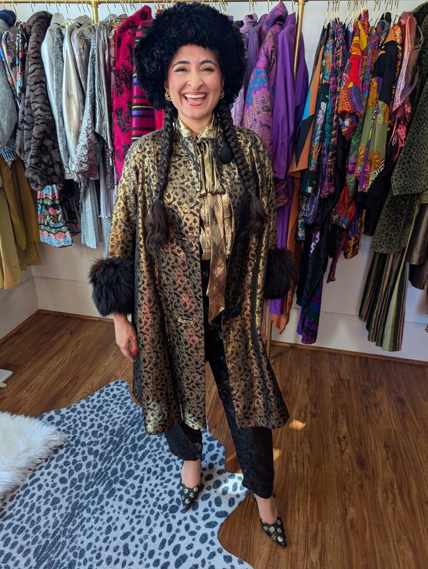70s Metallic Fur Trimmed Swing Coat