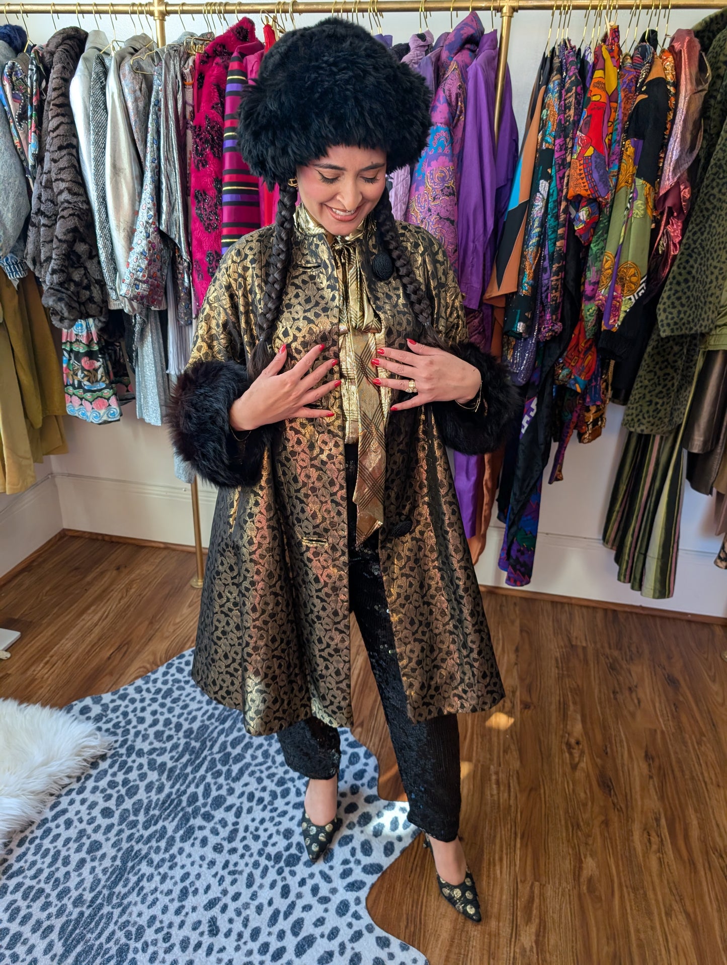 70s Metallic Fur Trimmed Swing Coat