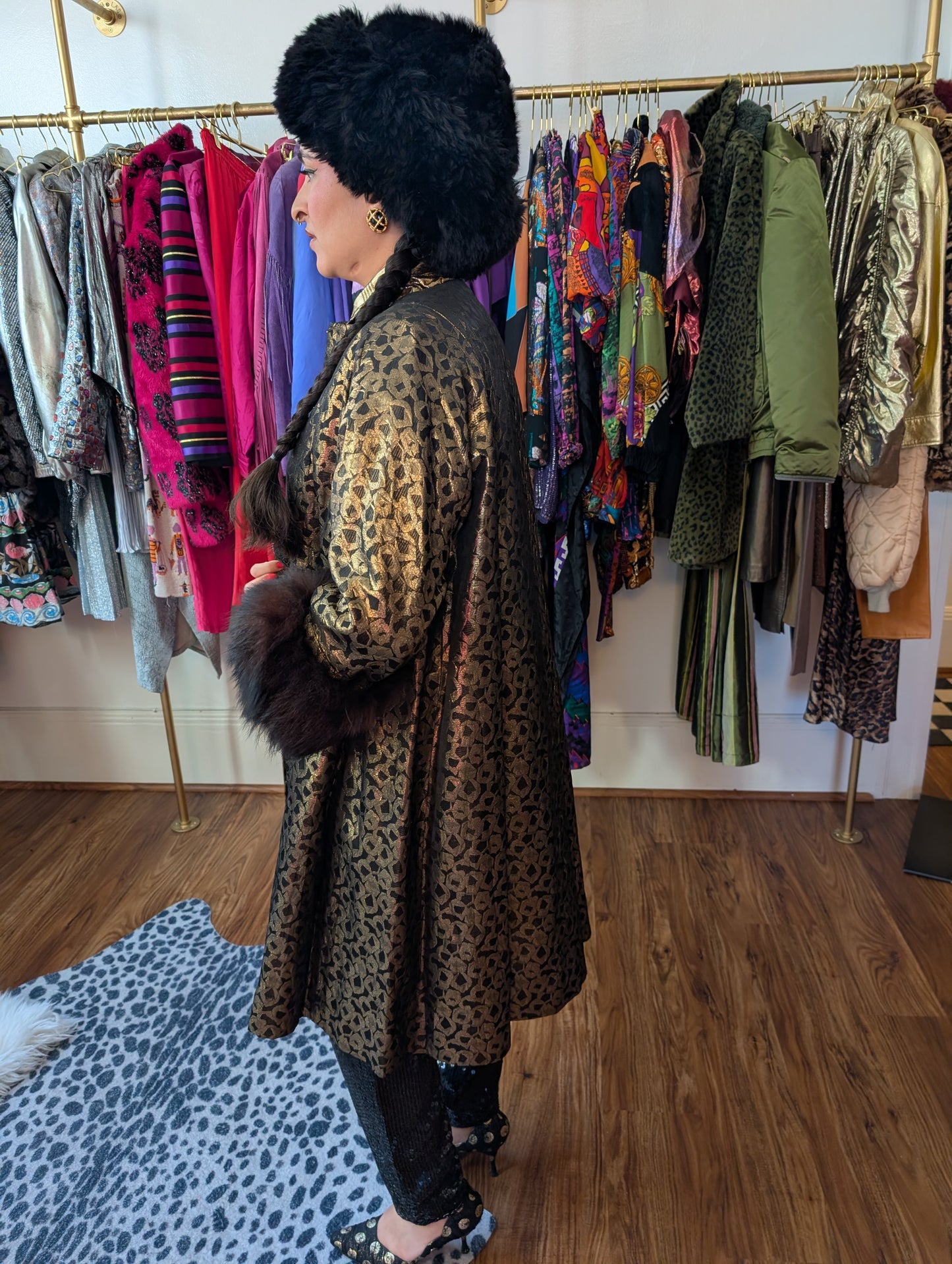 70s Metallic Fur Trimmed Swing Coat