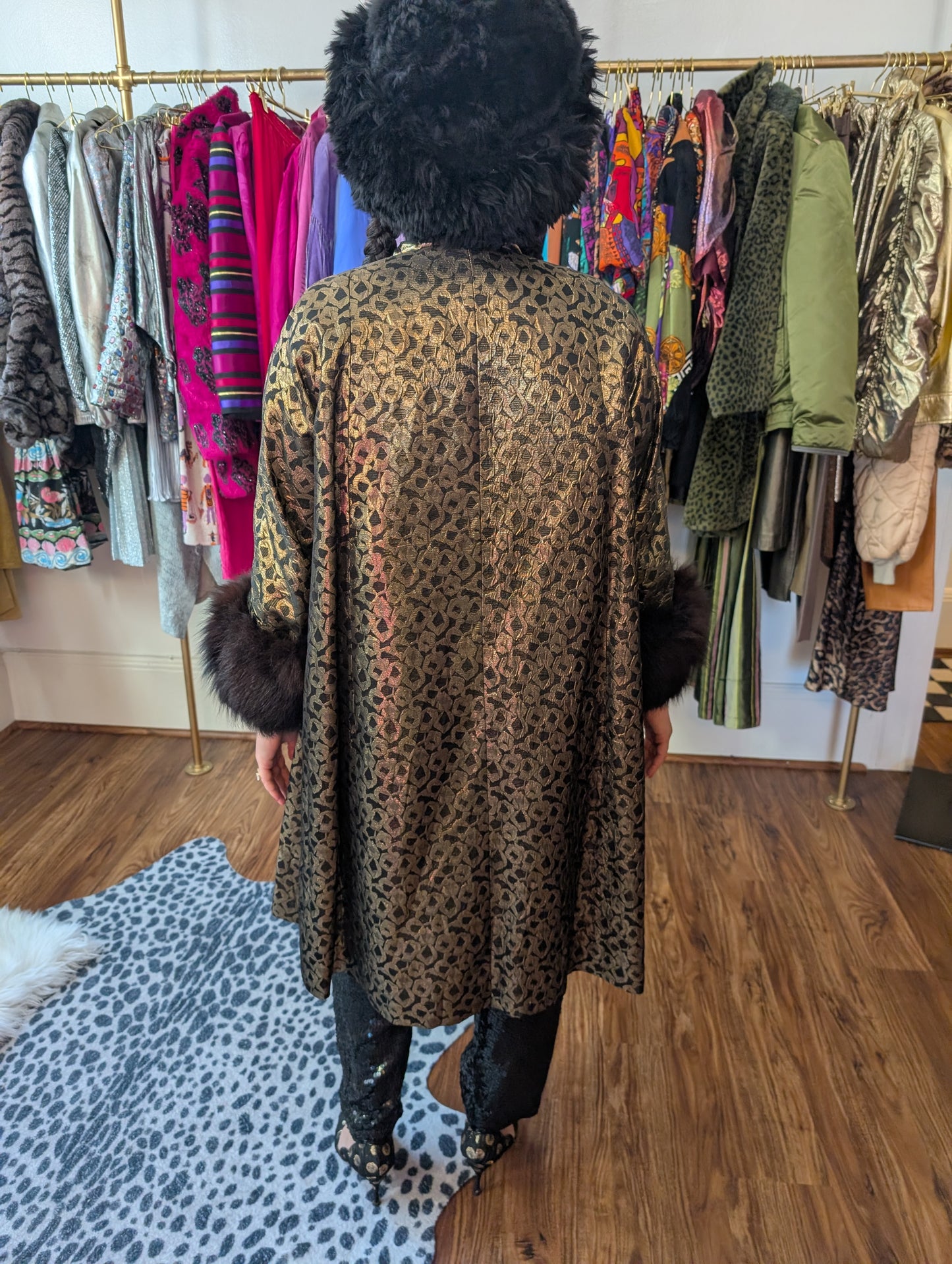 70s Metallic Fur Trimmed Swing Coat