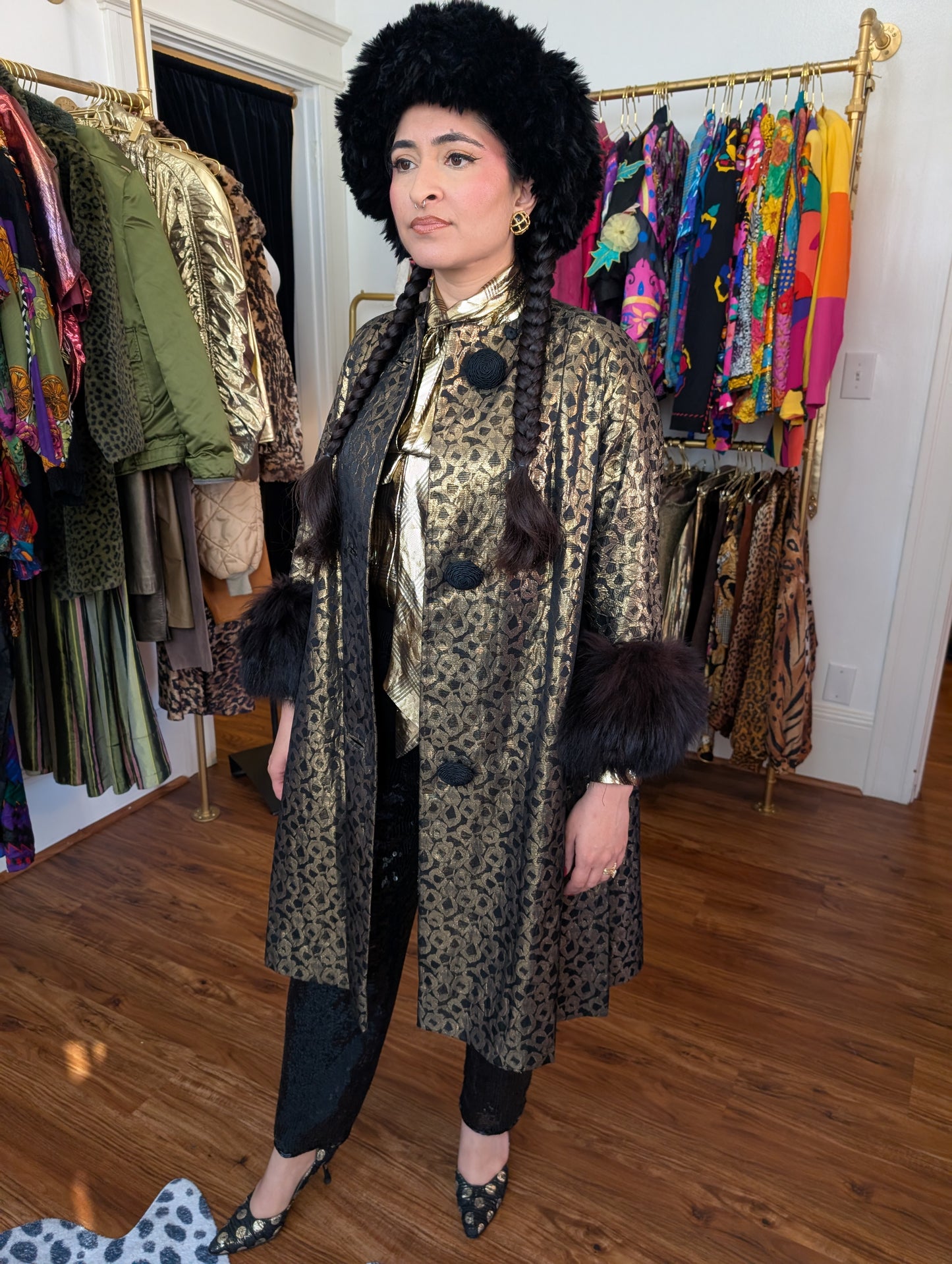 70s Metallic Fur Trimmed Swing Coat