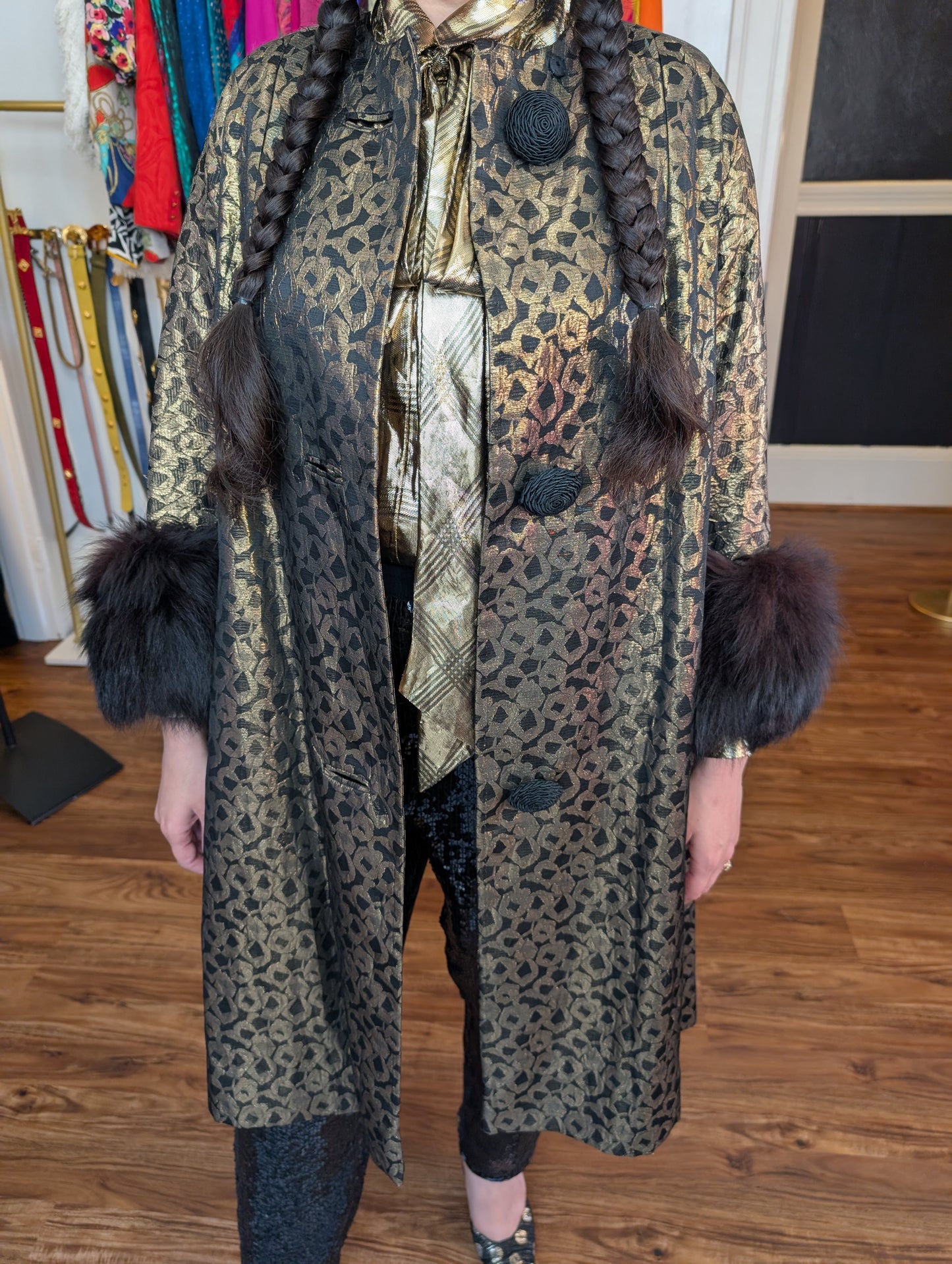 70s Metallic Fur Trimmed Swing Coat