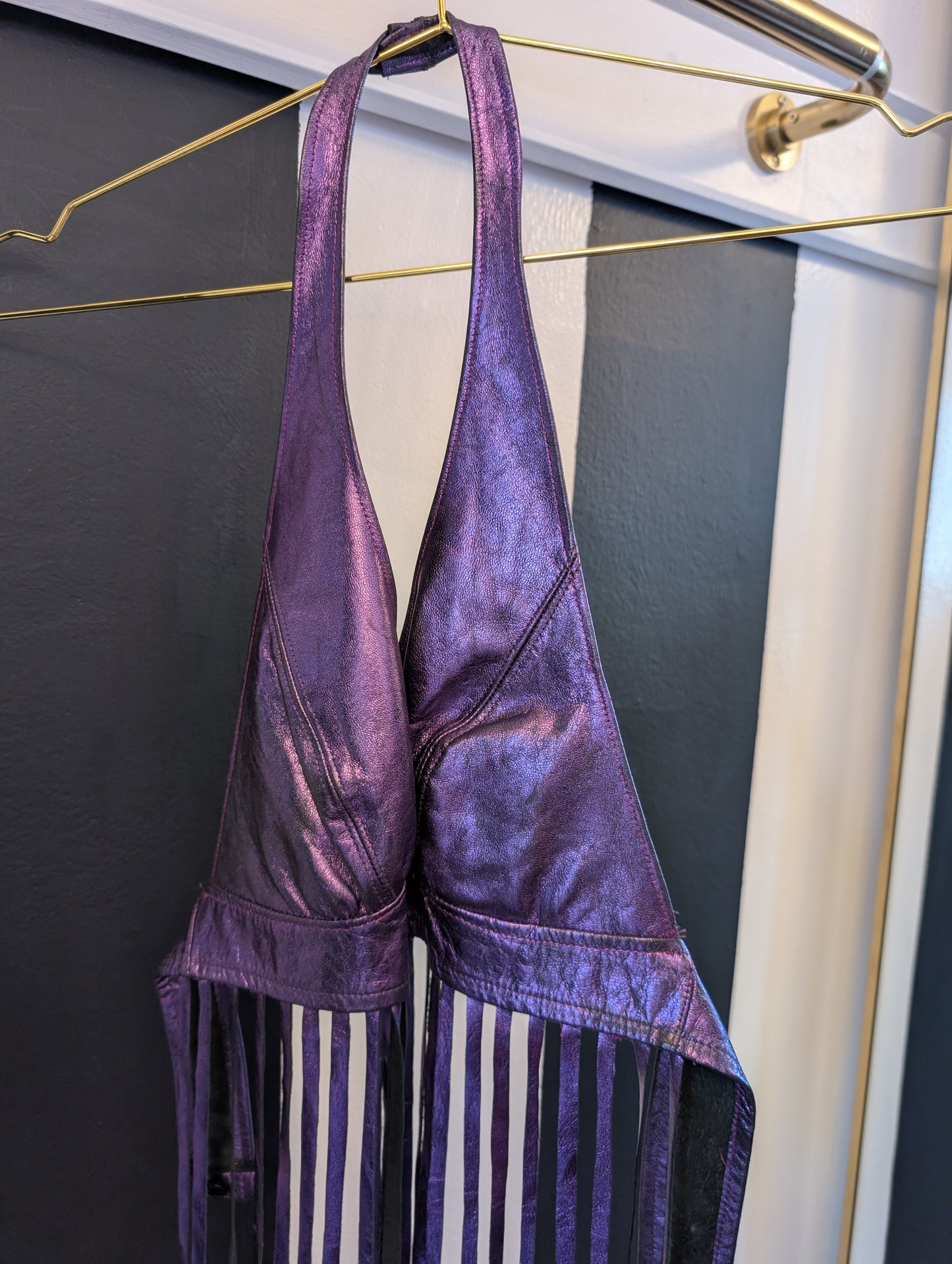 Metallic Leather Fringe Halter Top