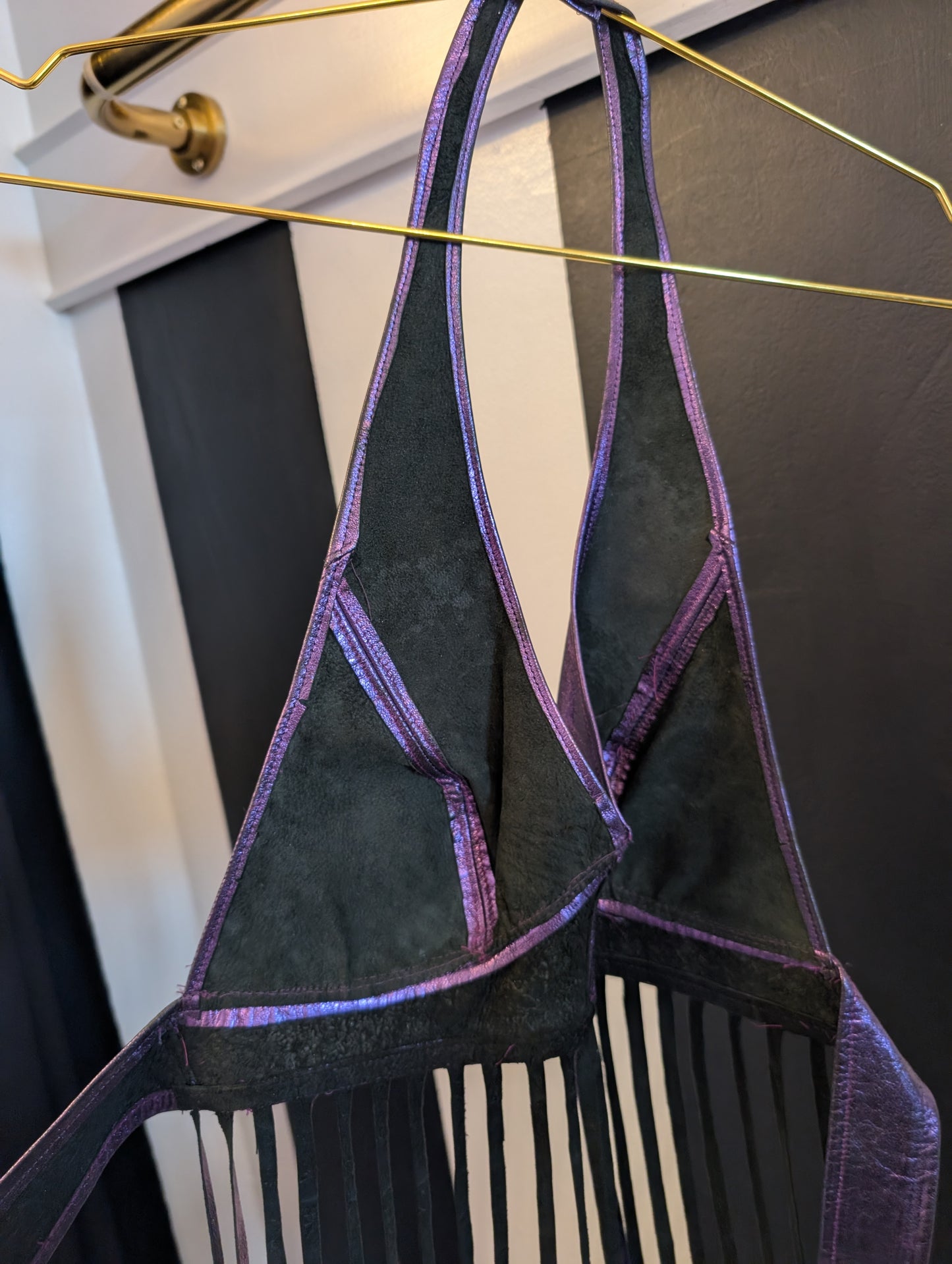 Metallic Leather Fringe Halter Top