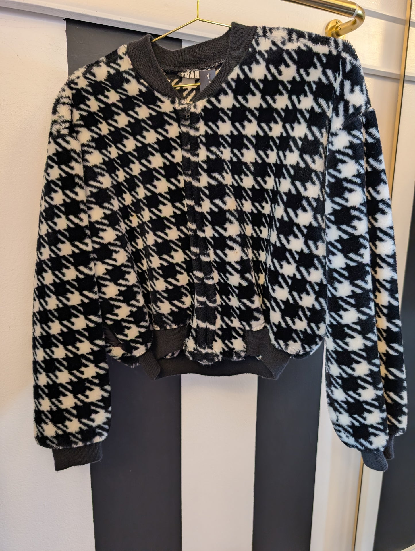 90s Houndstooth Faux Fur Bomber Jacket