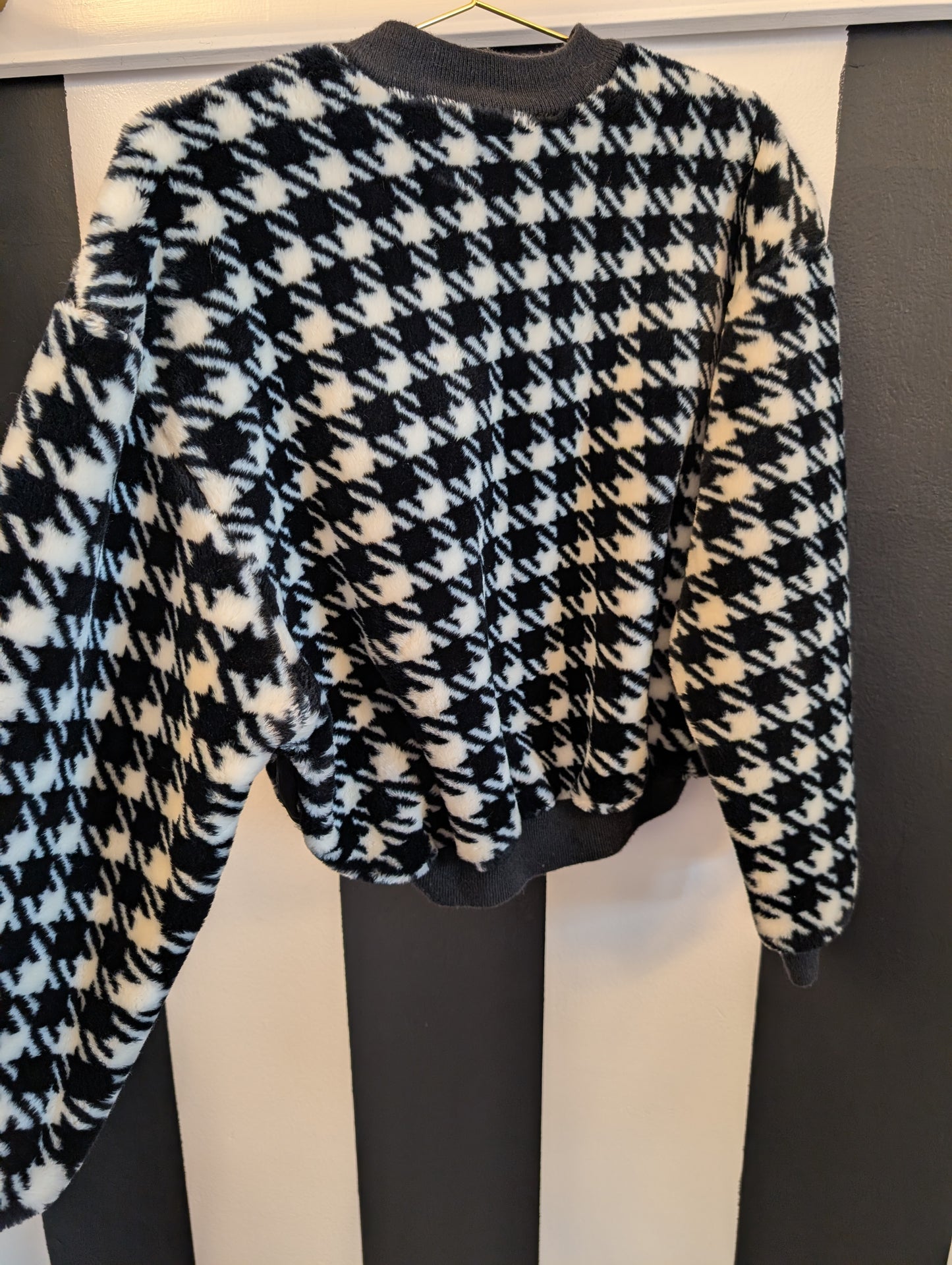 90s Houndstooth Faux Fur Bomber Jacket