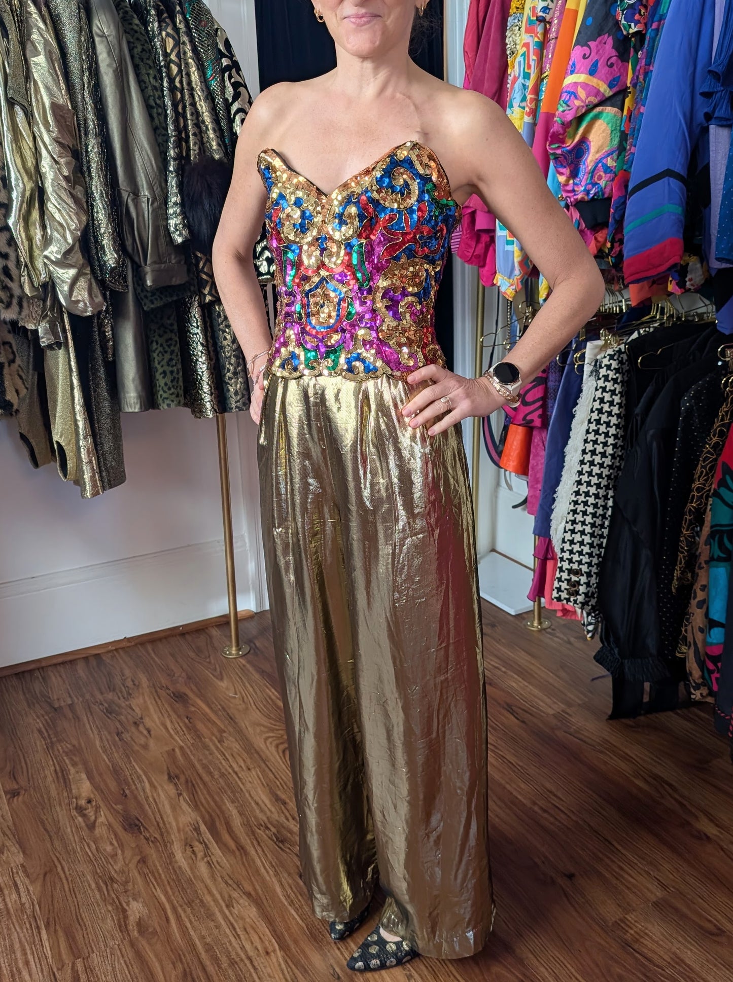 80s Gold Lamé Wide Leg Trouser