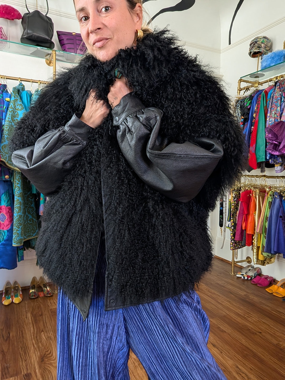 90s Mongolian Lamb Fur Jacket with Zip-Off Leather Sleeves