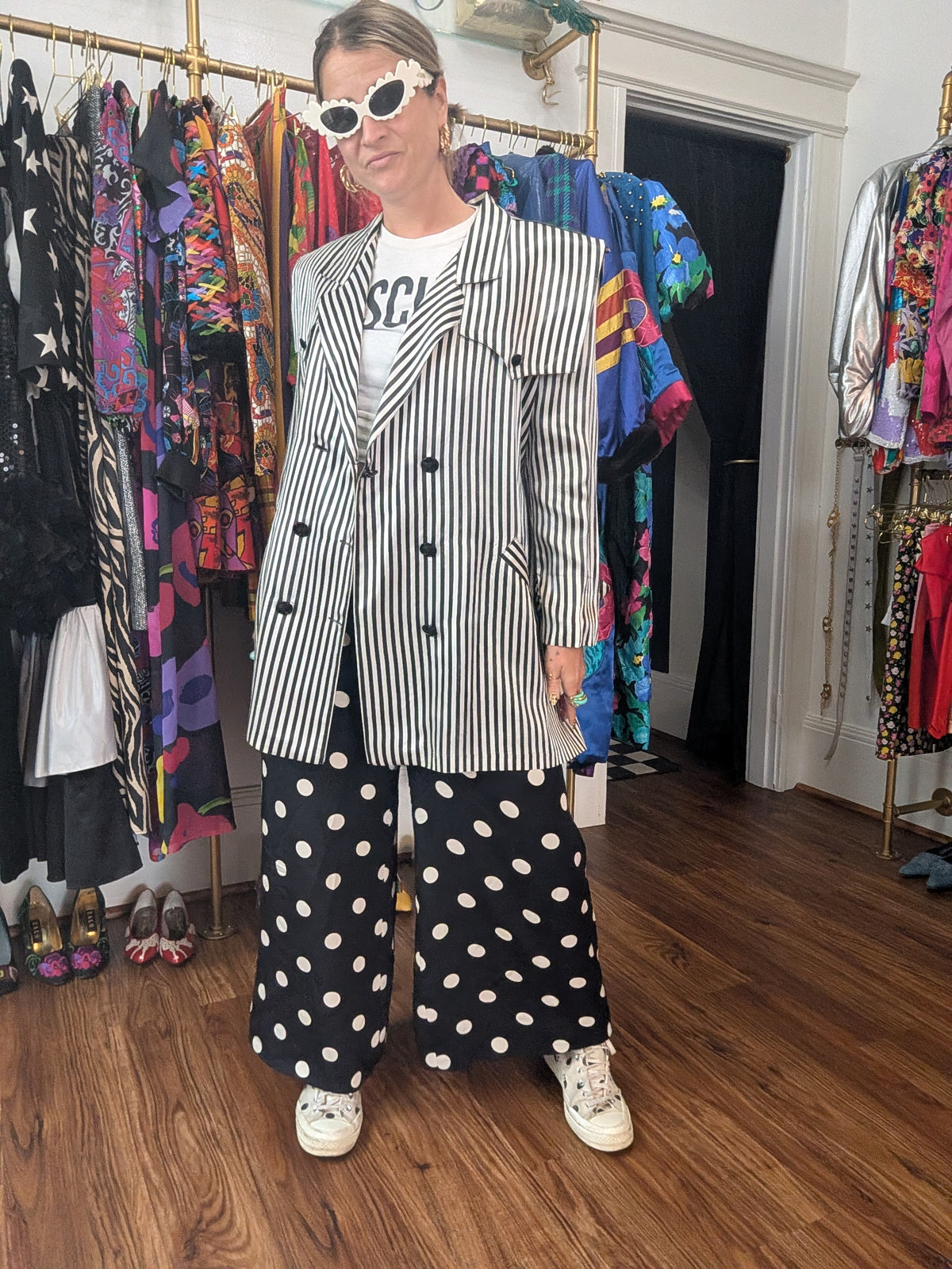 90s Black & White Striped Tie-Waist Trench