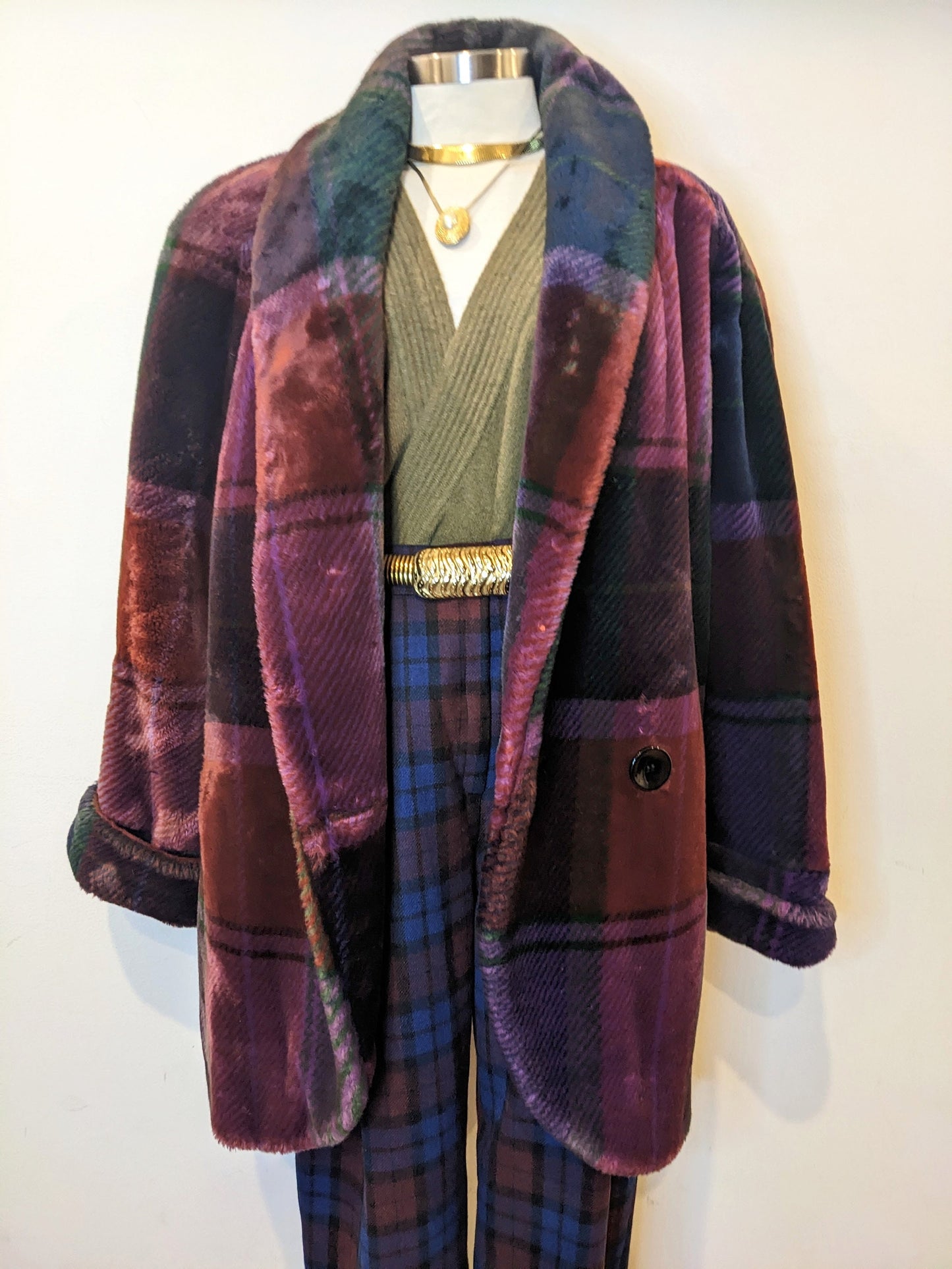 80s Donny Brooks Burgundy Plaid Faux Fur Coat