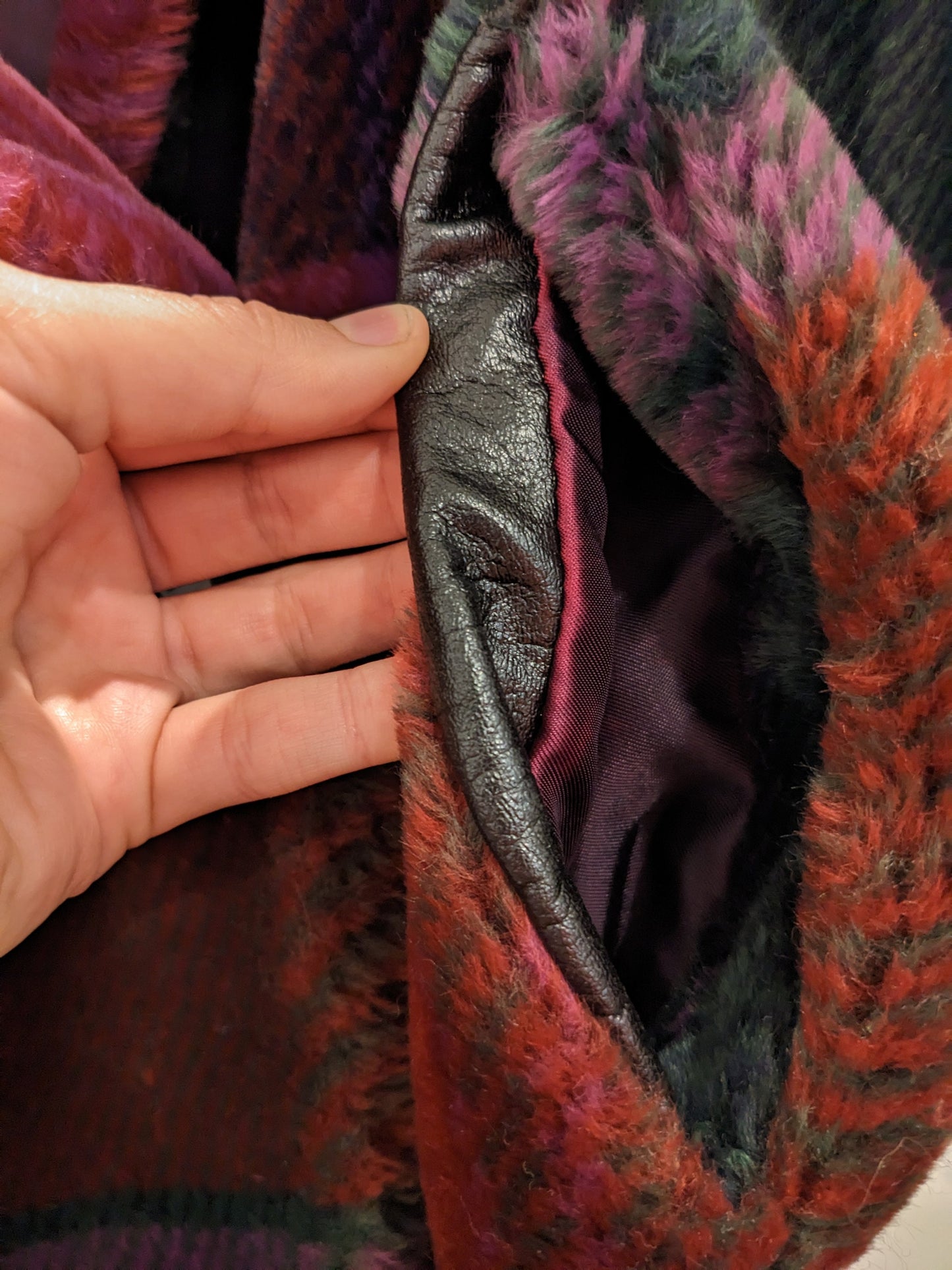 80s Donny Brooks Burgundy Plaid Faux Fur Coat