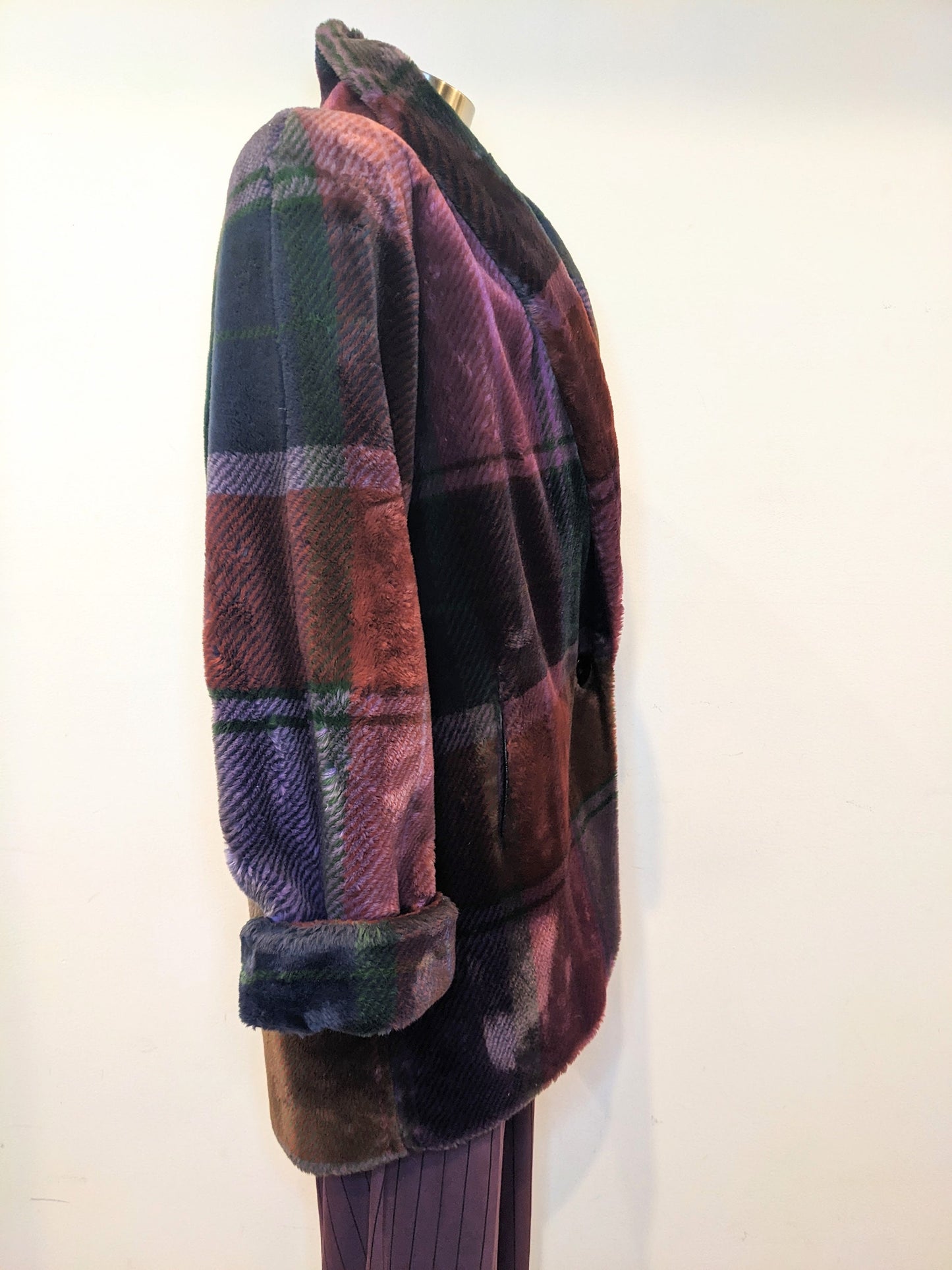 80s Donny Brooks Burgundy Plaid Faux Fur Coat