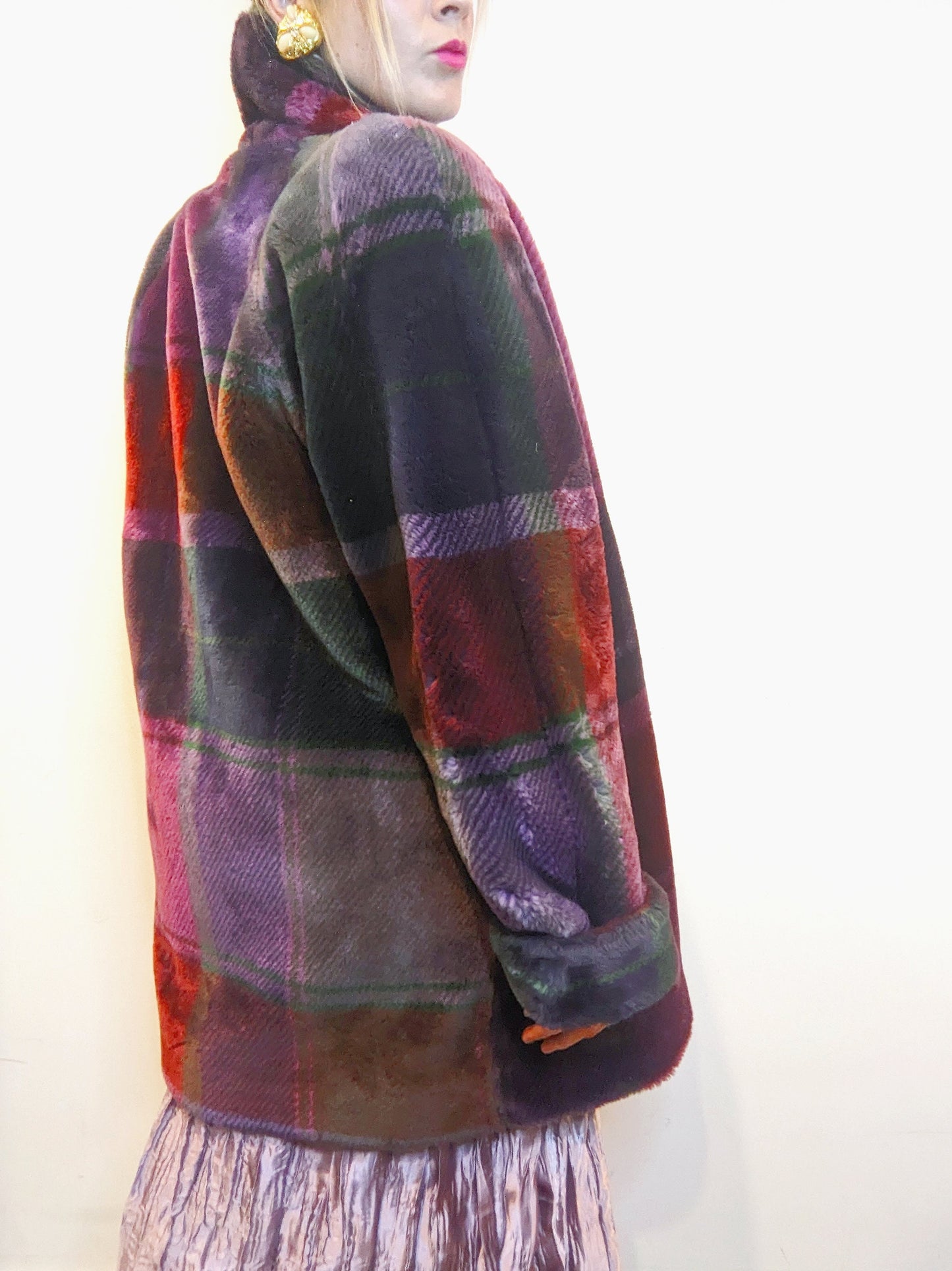 80s Donny Brooks Burgundy Plaid Faux Fur Coat