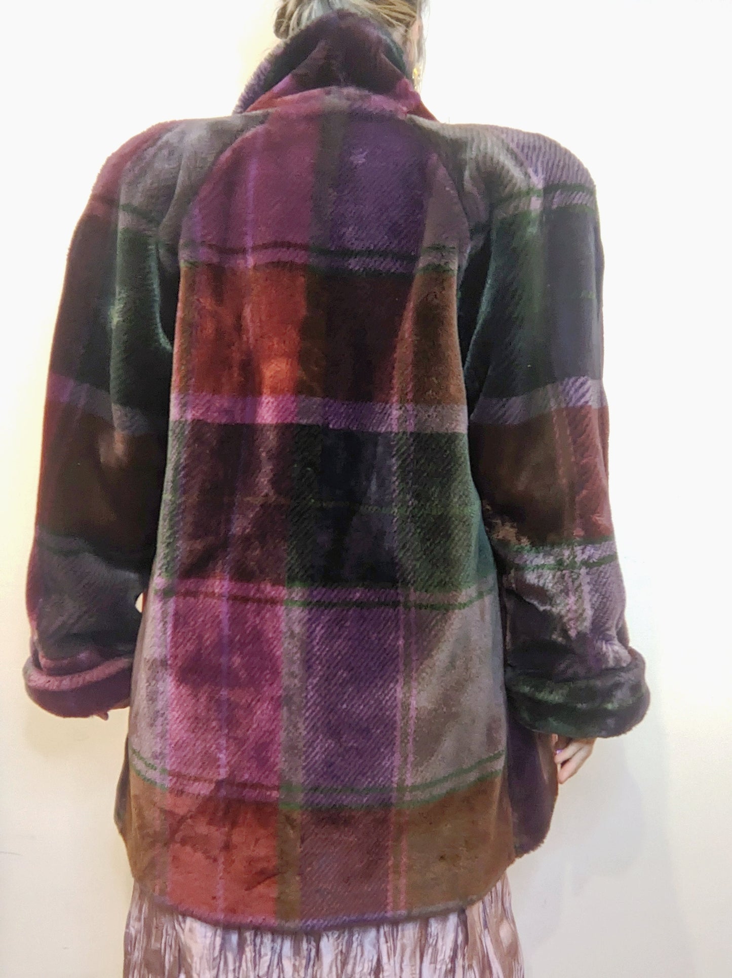 80s Donny Brooks Burgundy Plaid Faux Fur Coat