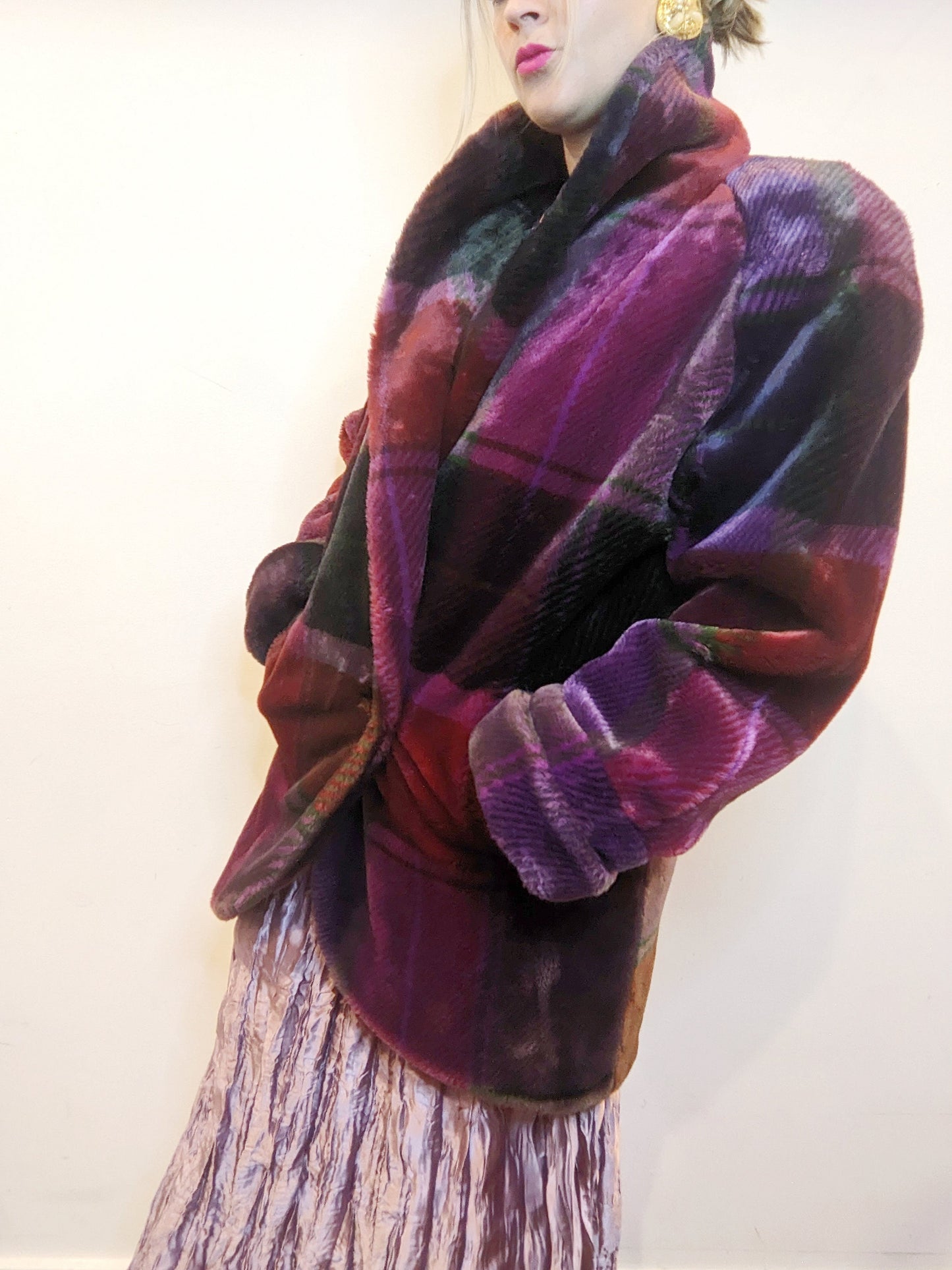 80s Donny Brooks Burgundy Plaid Faux Fur Coat