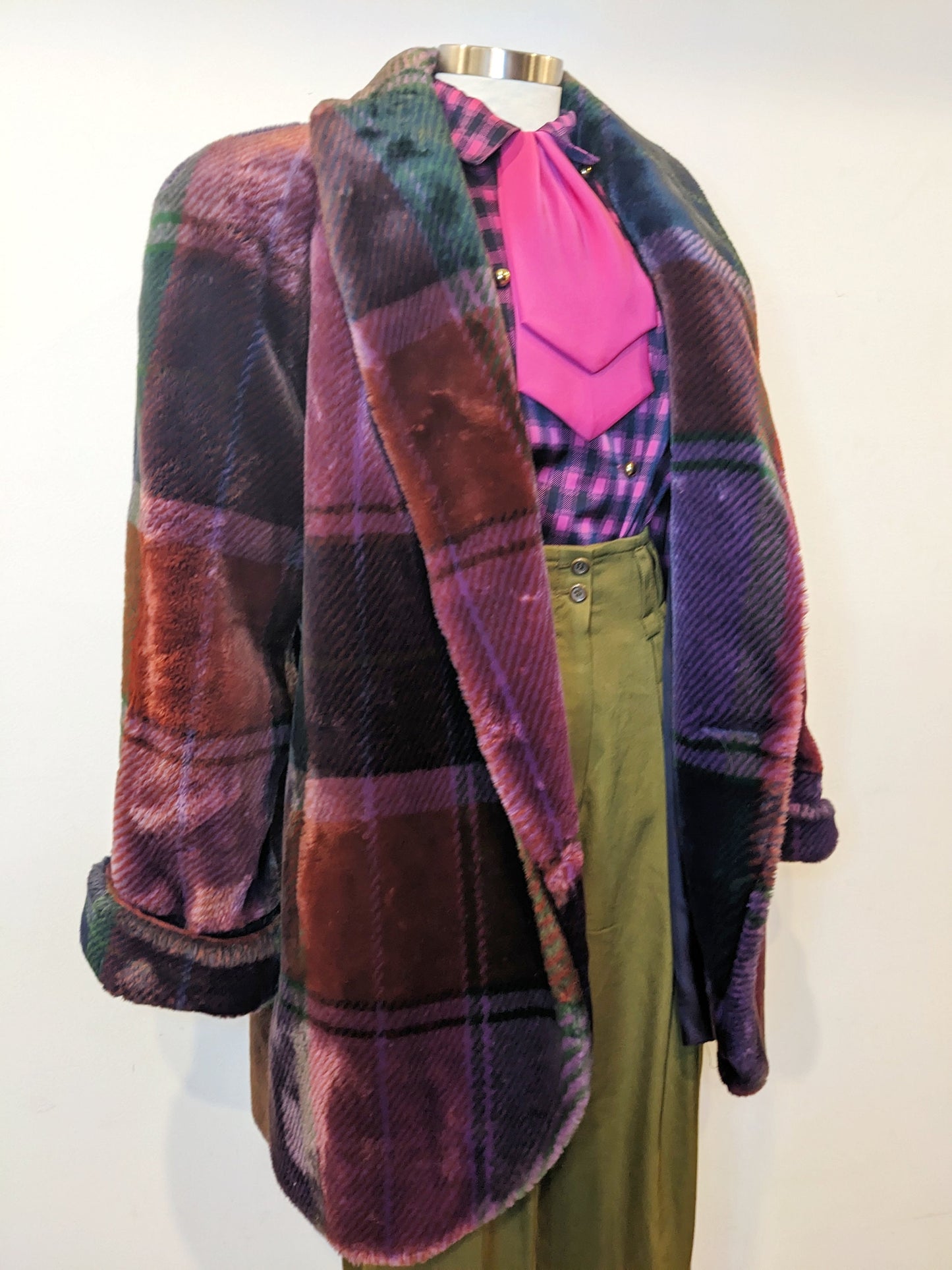 80s Donny Brooks Burgundy Plaid Faux Fur Coat