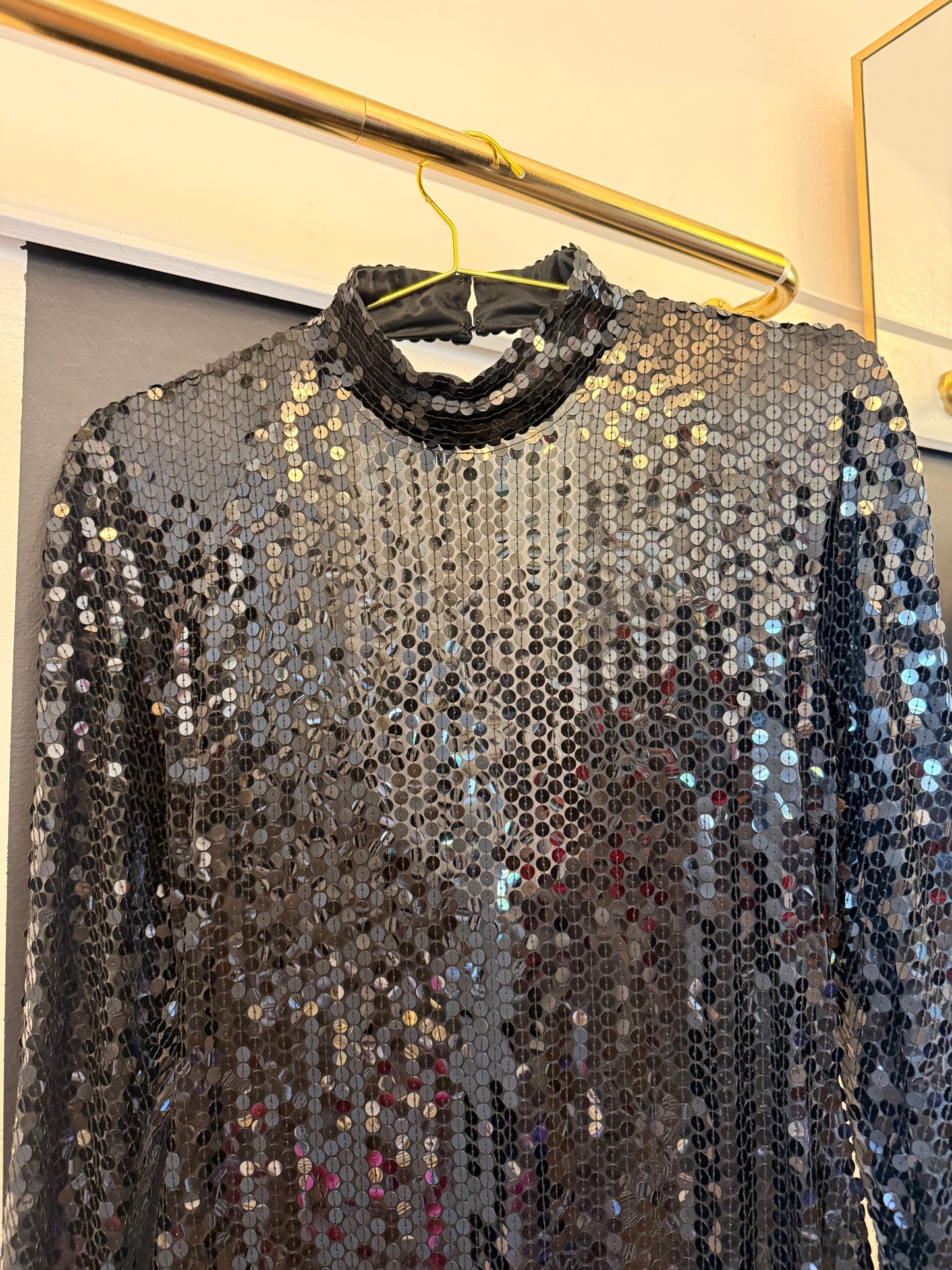 80s Black Sequin Open Back Dress