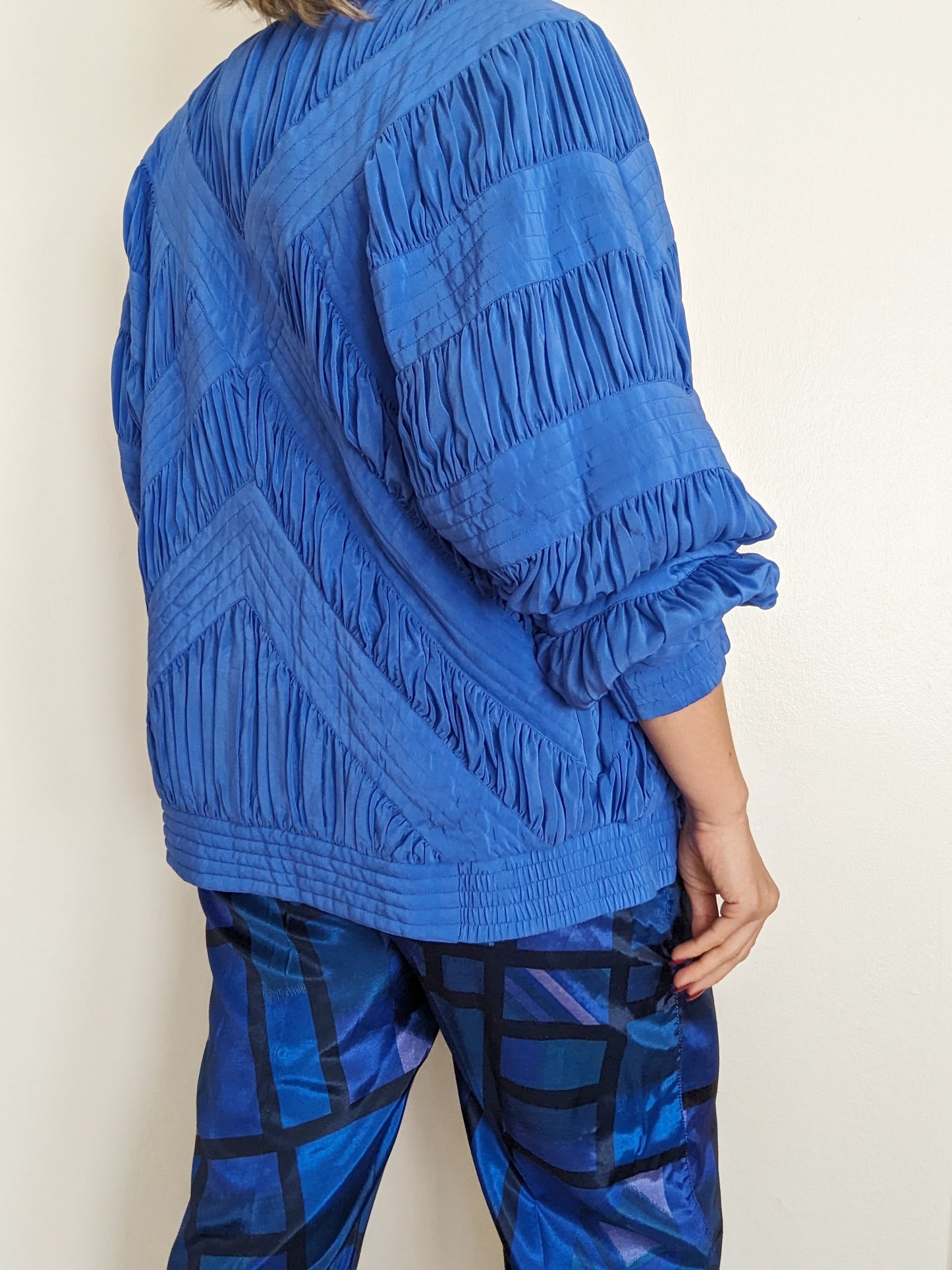 80s Blue Silk Ruched Bomber Jacket