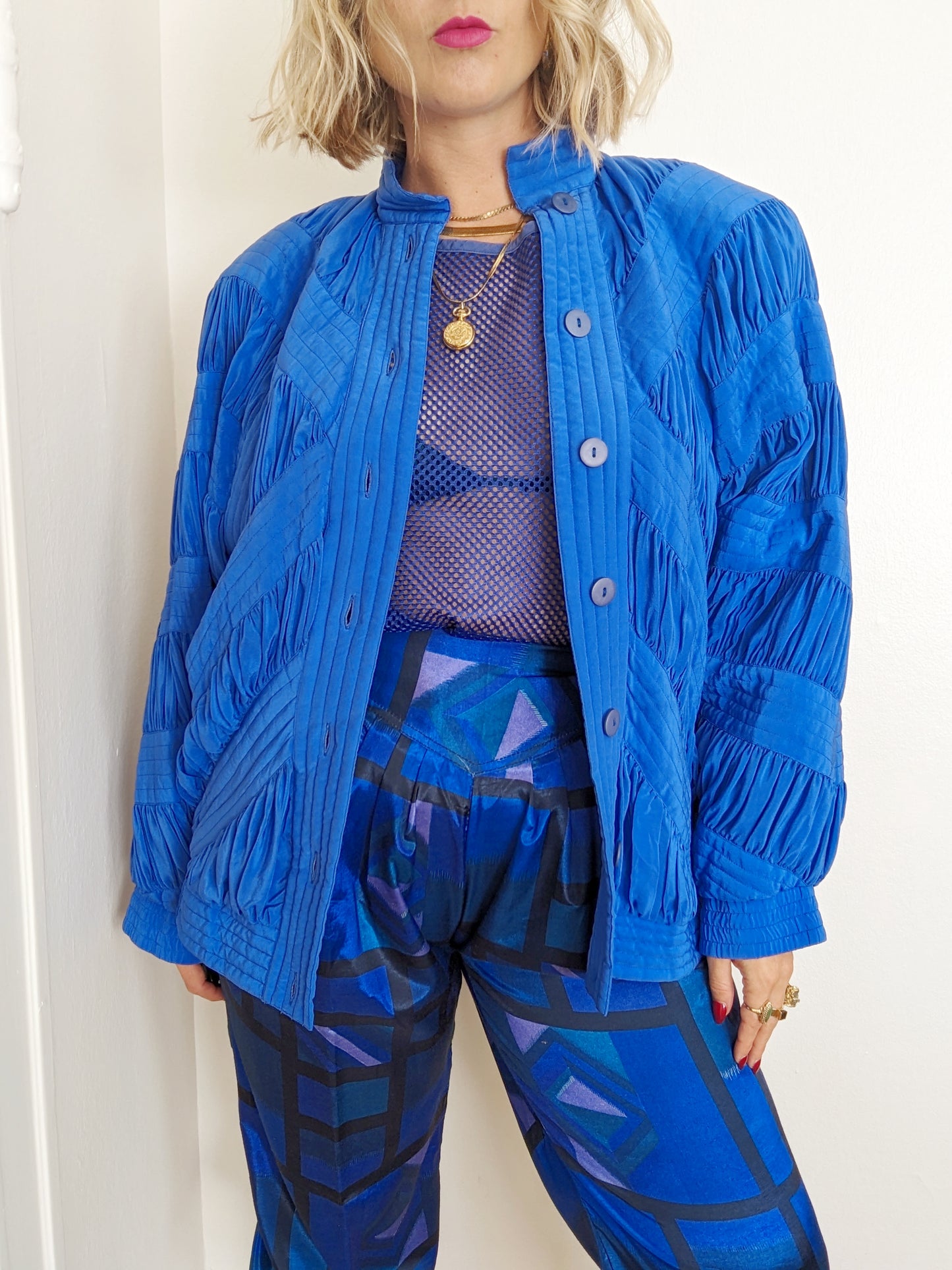 80s Blue Silk Ruched Bomber Jacket