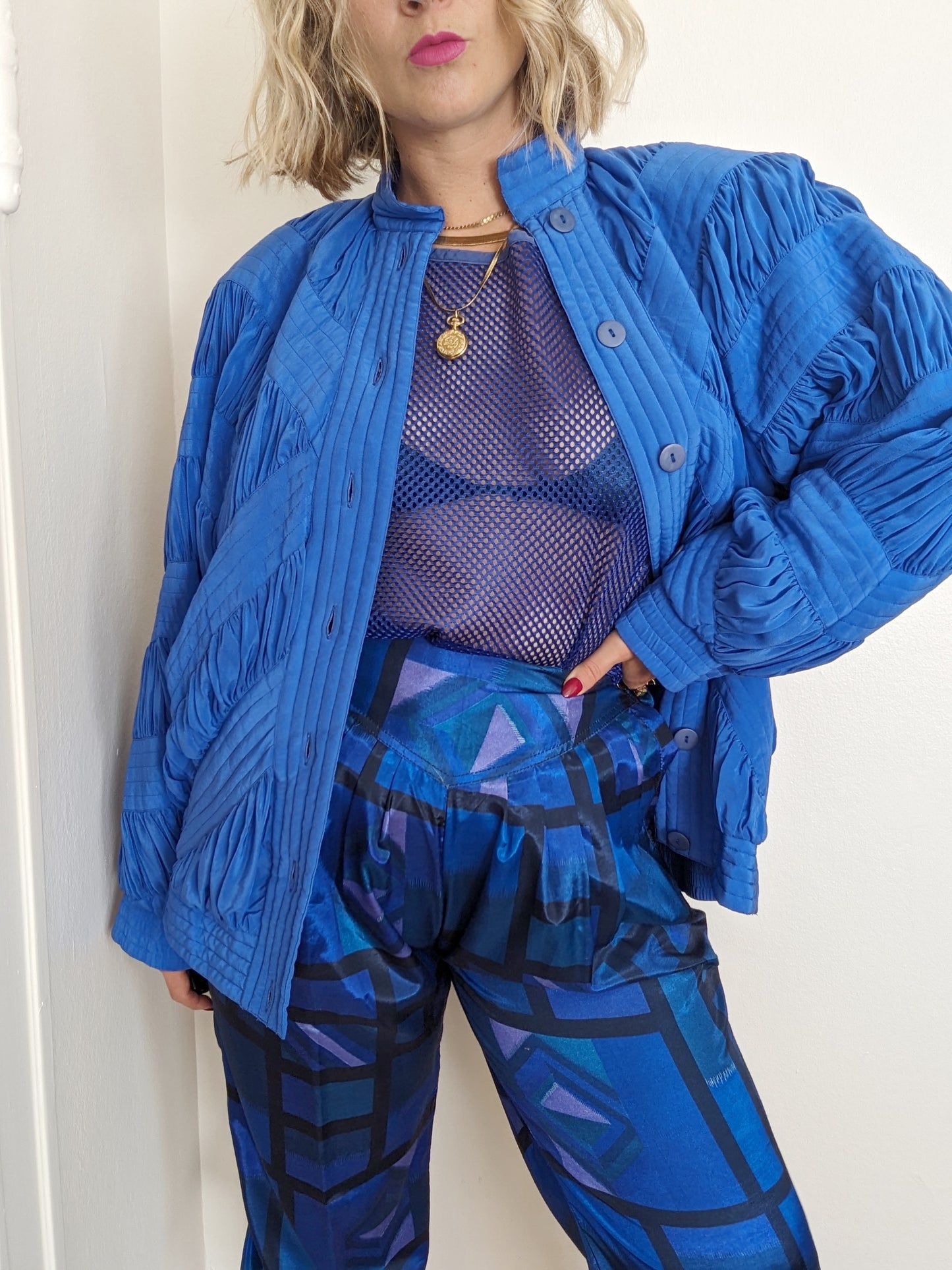 80s Blue Silk Ruched Bomber Jacket