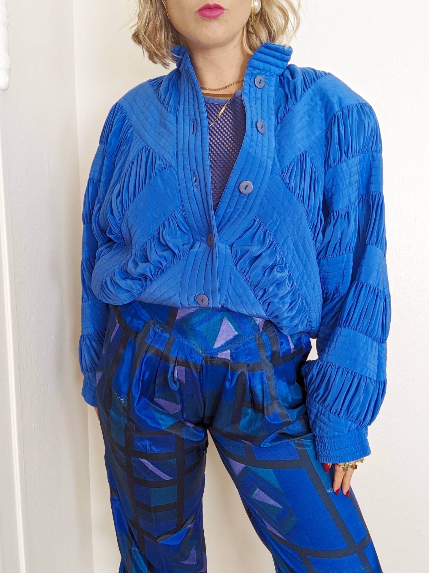 80s Blue Silk Ruched Bomber Jacket