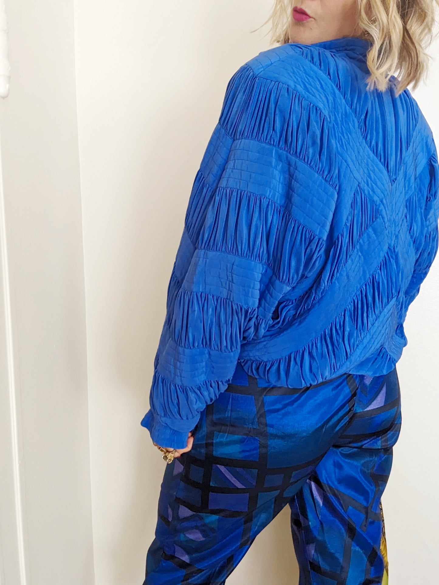 80s Blue Silk Ruched Bomber Jacket
