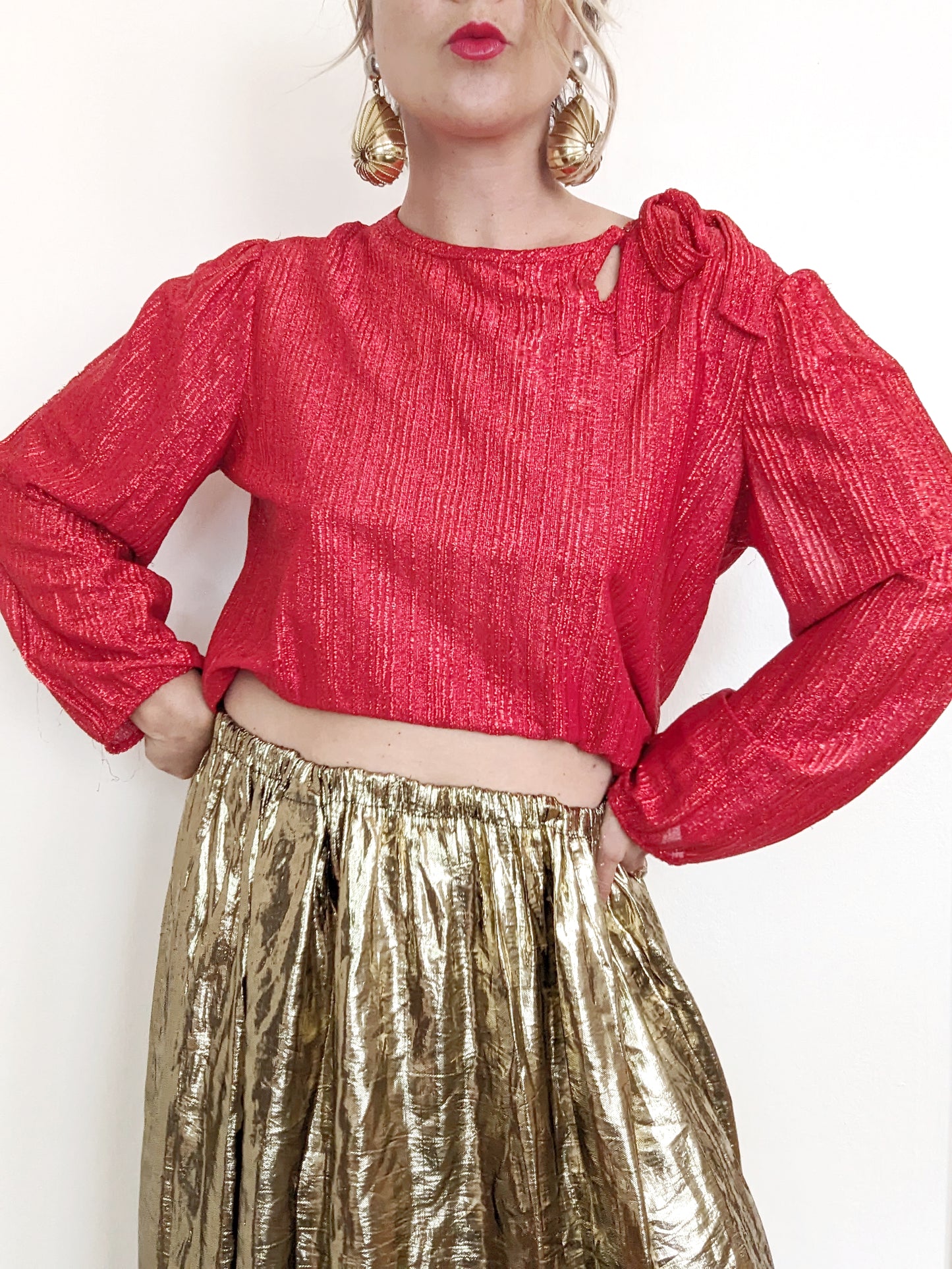 80s Red Metallic Bow Shoulder Top