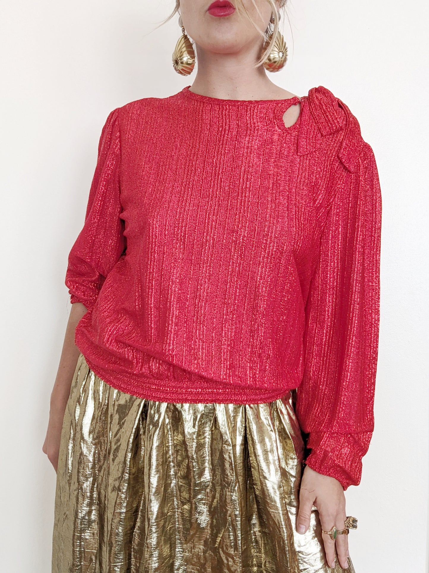 80s Red Metallic Bow Shoulder Top