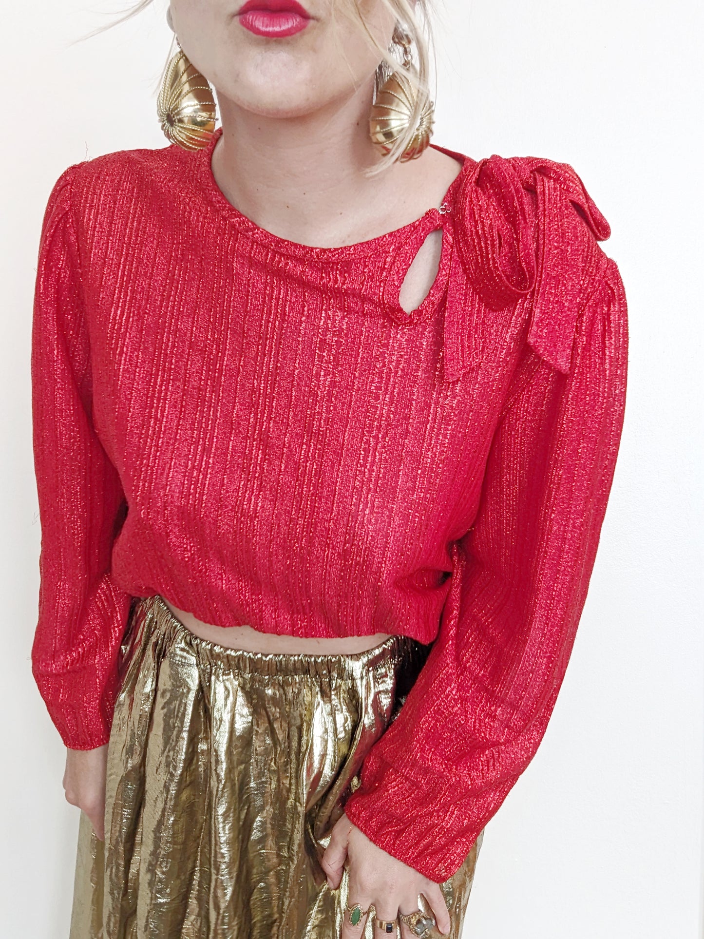 80s Red Metallic Bow Shoulder Top