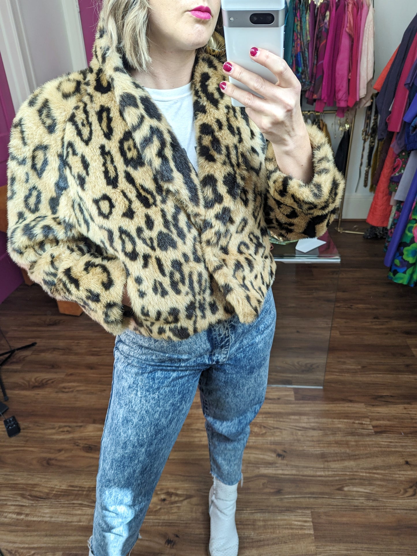 80s Leopard Faux Fur Cropped Jacket