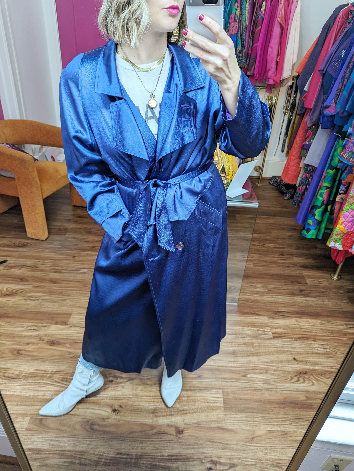 90s Iridescent Purple Satin Trench