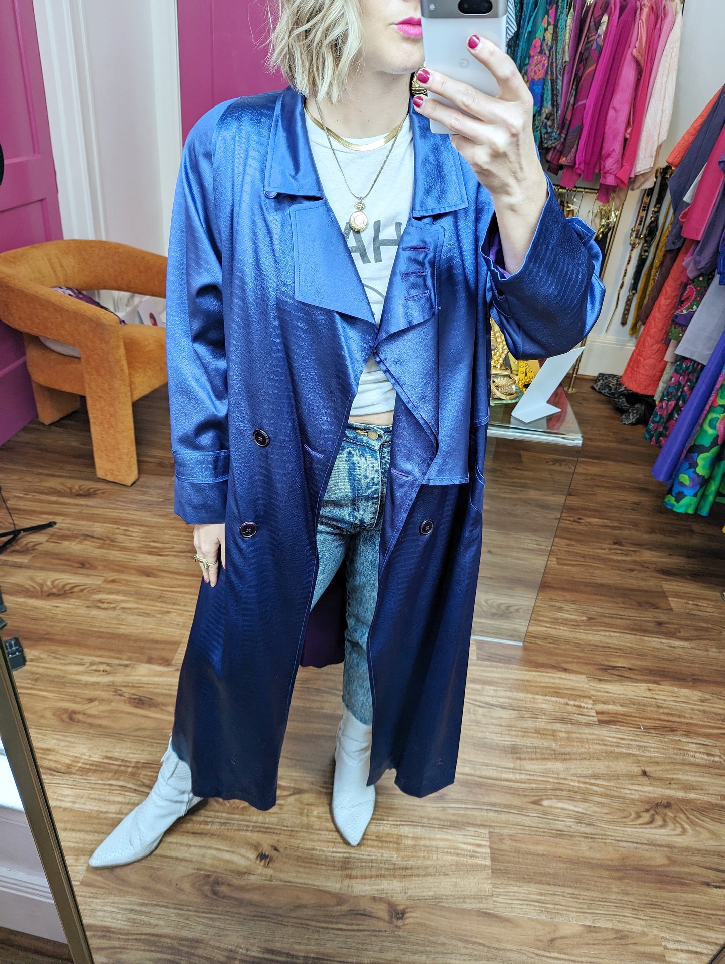 90s Iridescent Purple Satin Trench