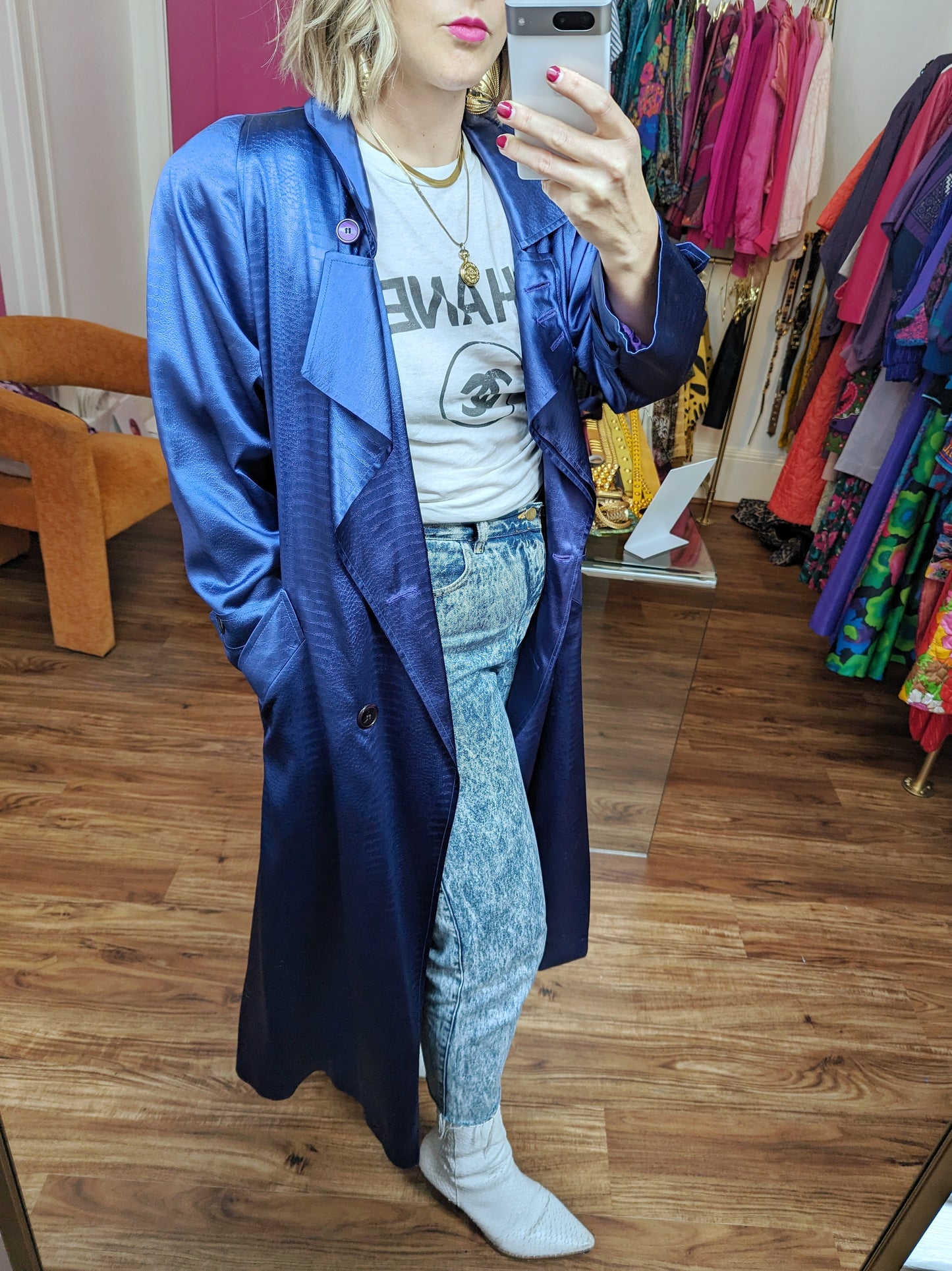 90s Iridescent Purple Satin Trench