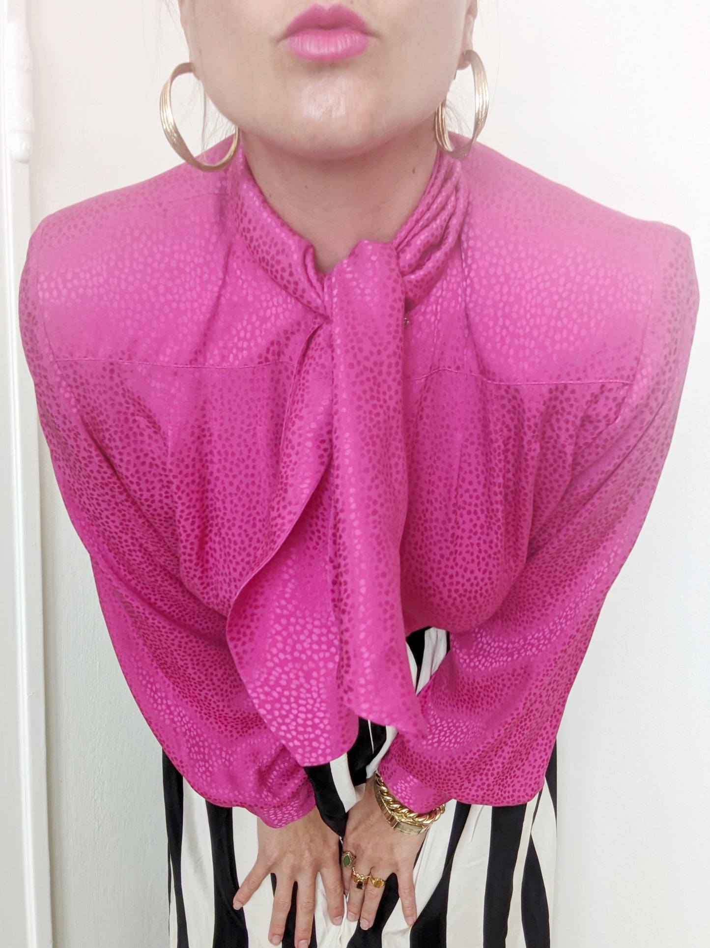 90s Carlisle Hot Pink Silk Tie Neck Blouse