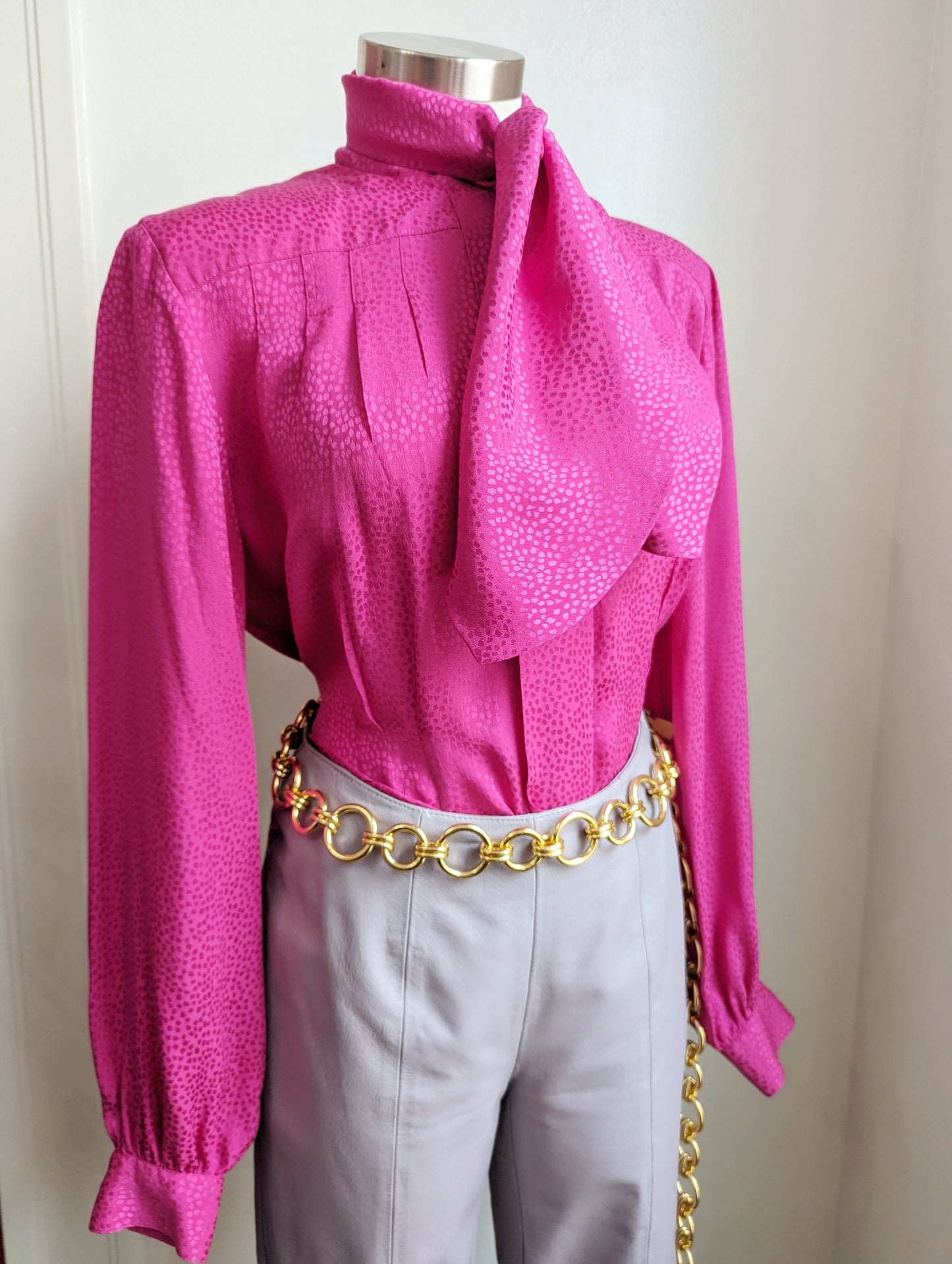 90s Carlisle Hot Pink Silk Tie Neck Blouse