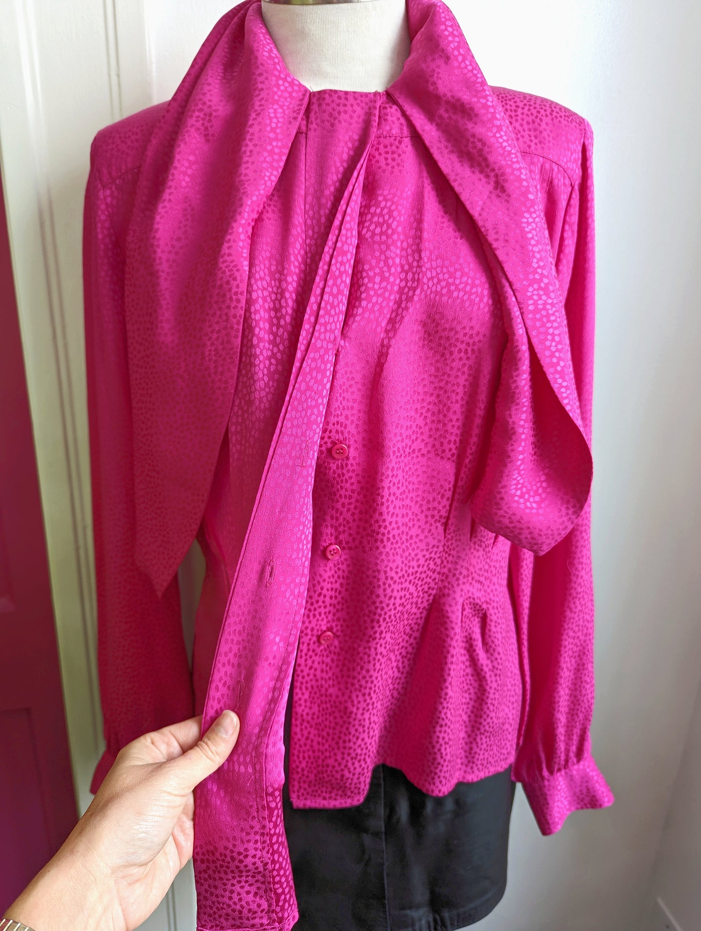 90s Carlisle Hot Pink Silk Tie Neck Blouse