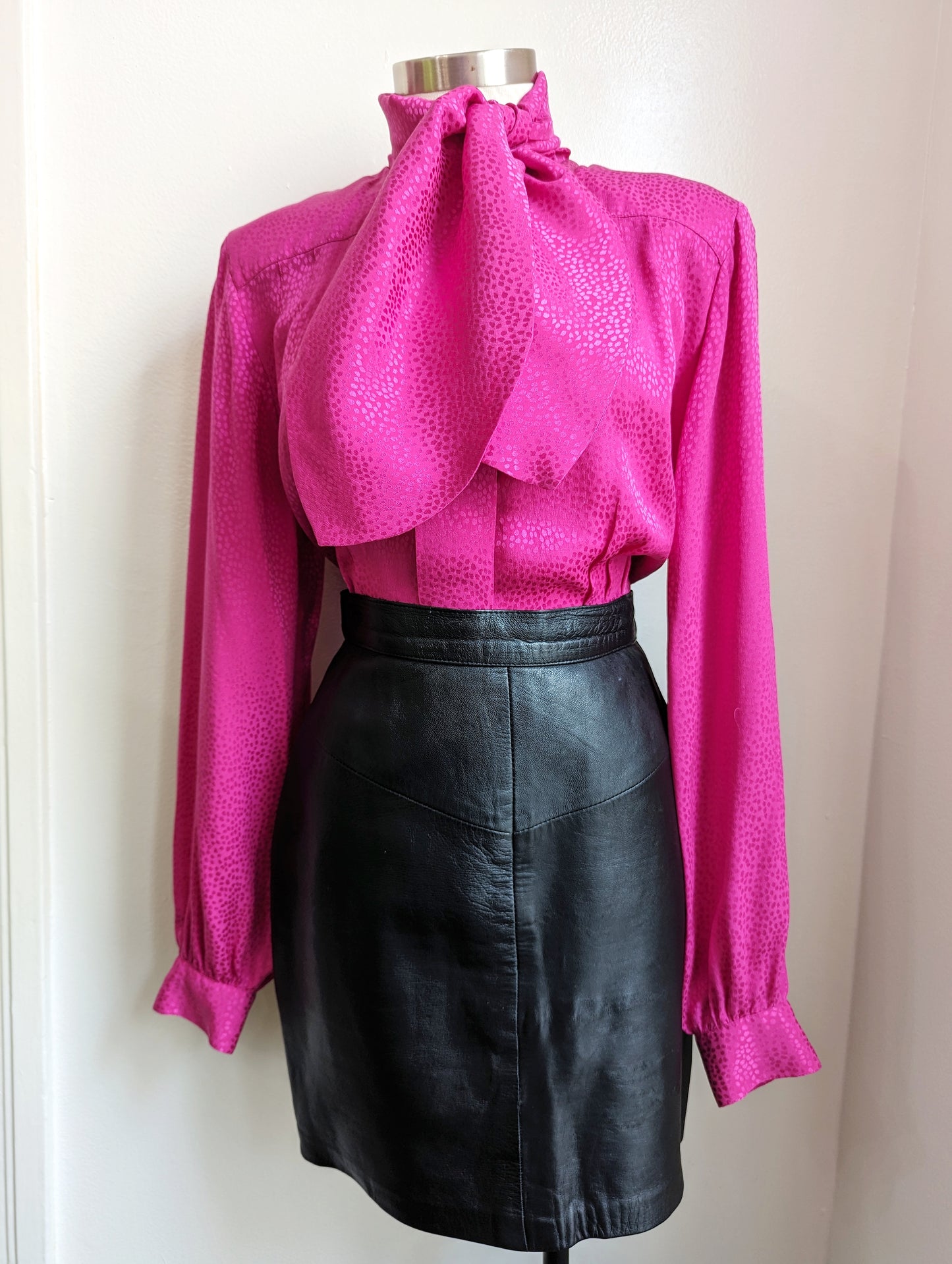 90s Carlisle Hot Pink Silk Tie Neck Blouse