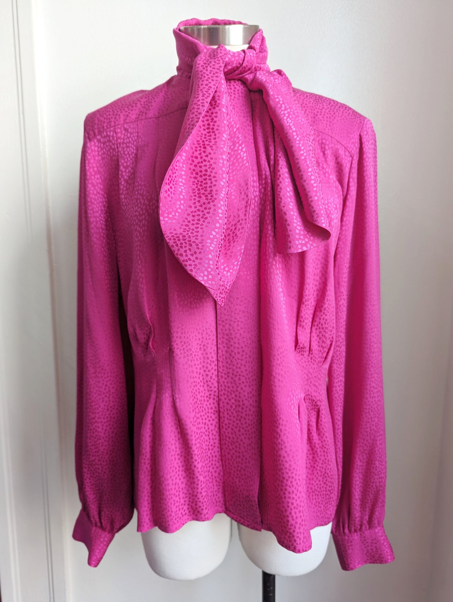 90s Carlisle Hot Pink Silk Tie Neck Blouse