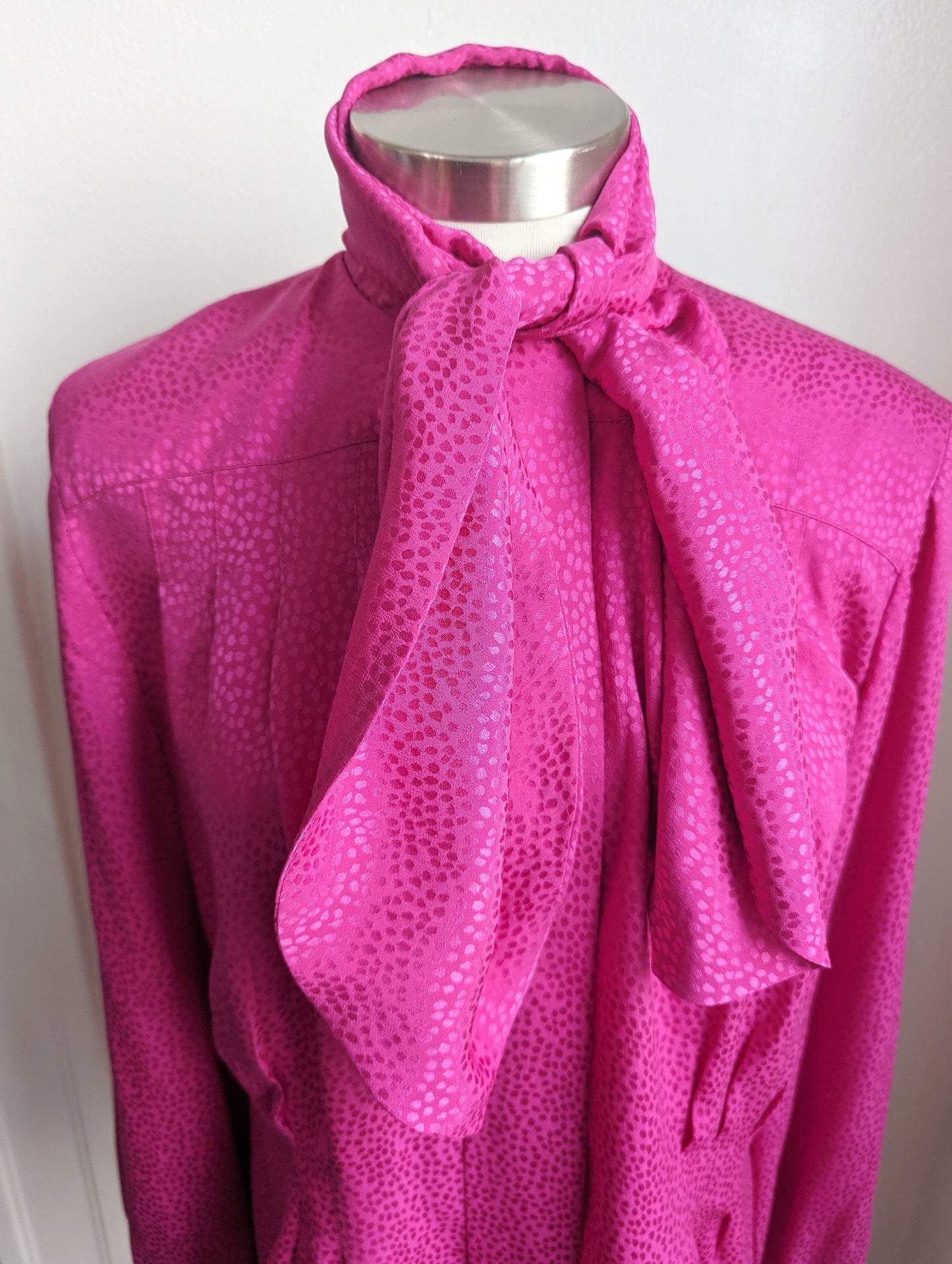 90s Carlisle Hot Pink Silk Tie Neck Blouse