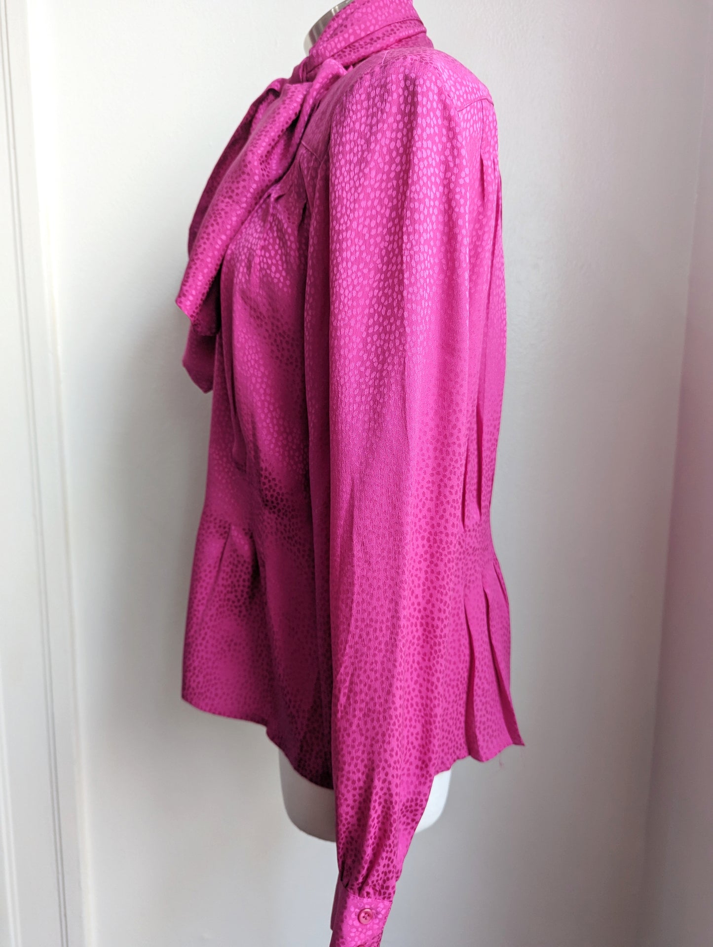 90s Carlisle Hot Pink Silk Tie Neck Blouse