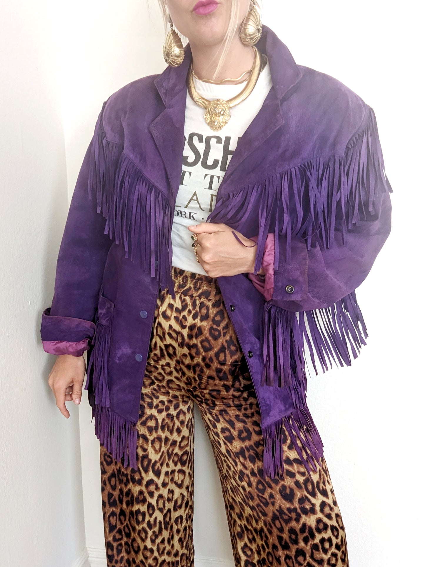 Vakko Purple Suede Fringe Jacket