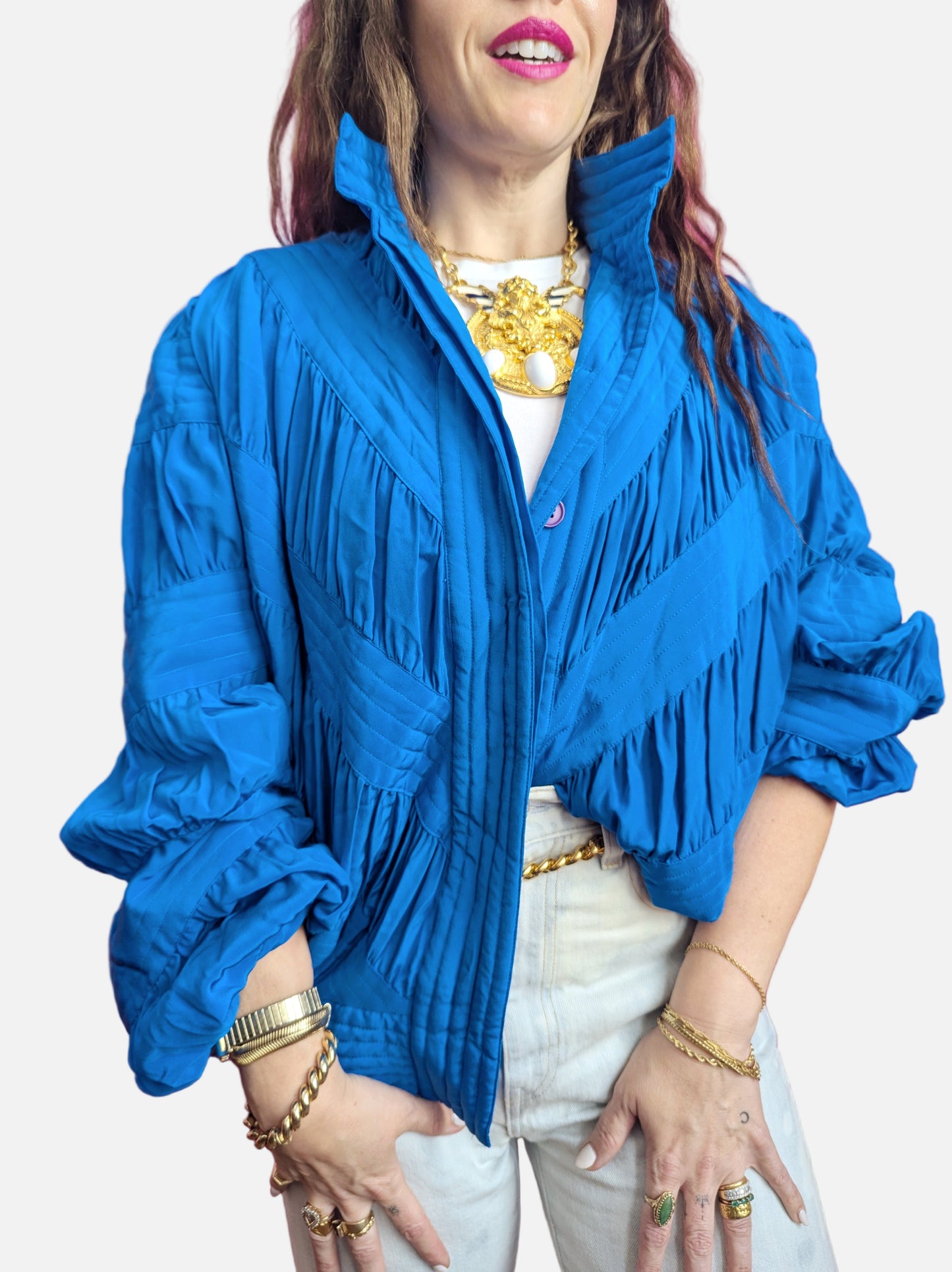 80s Blue Silk Ruched Bomber Jacket