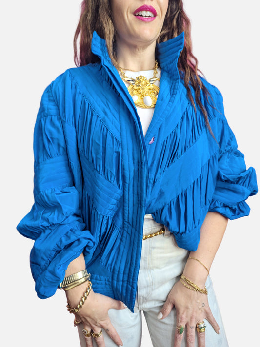 80s Blue Silk Ruched Bomber Jacket
