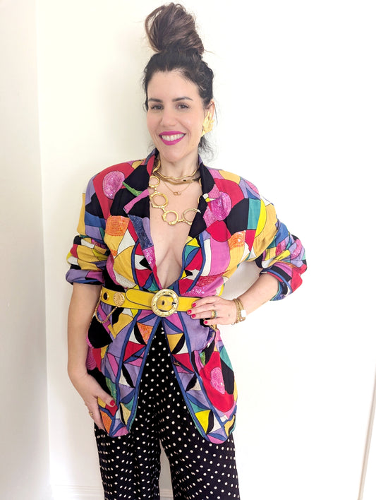 80s Colorful Abstract Print Sequin Blazer