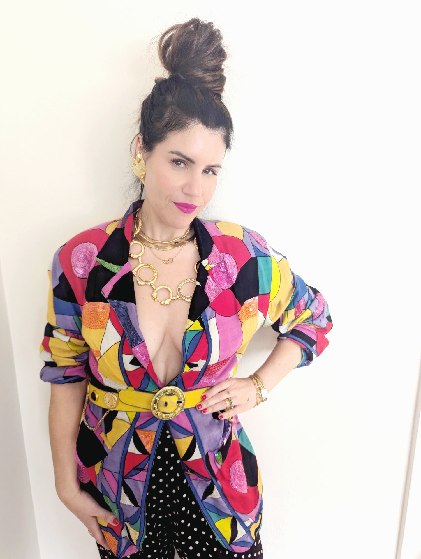 80s Colorful Abstract Print Sequin Blazer