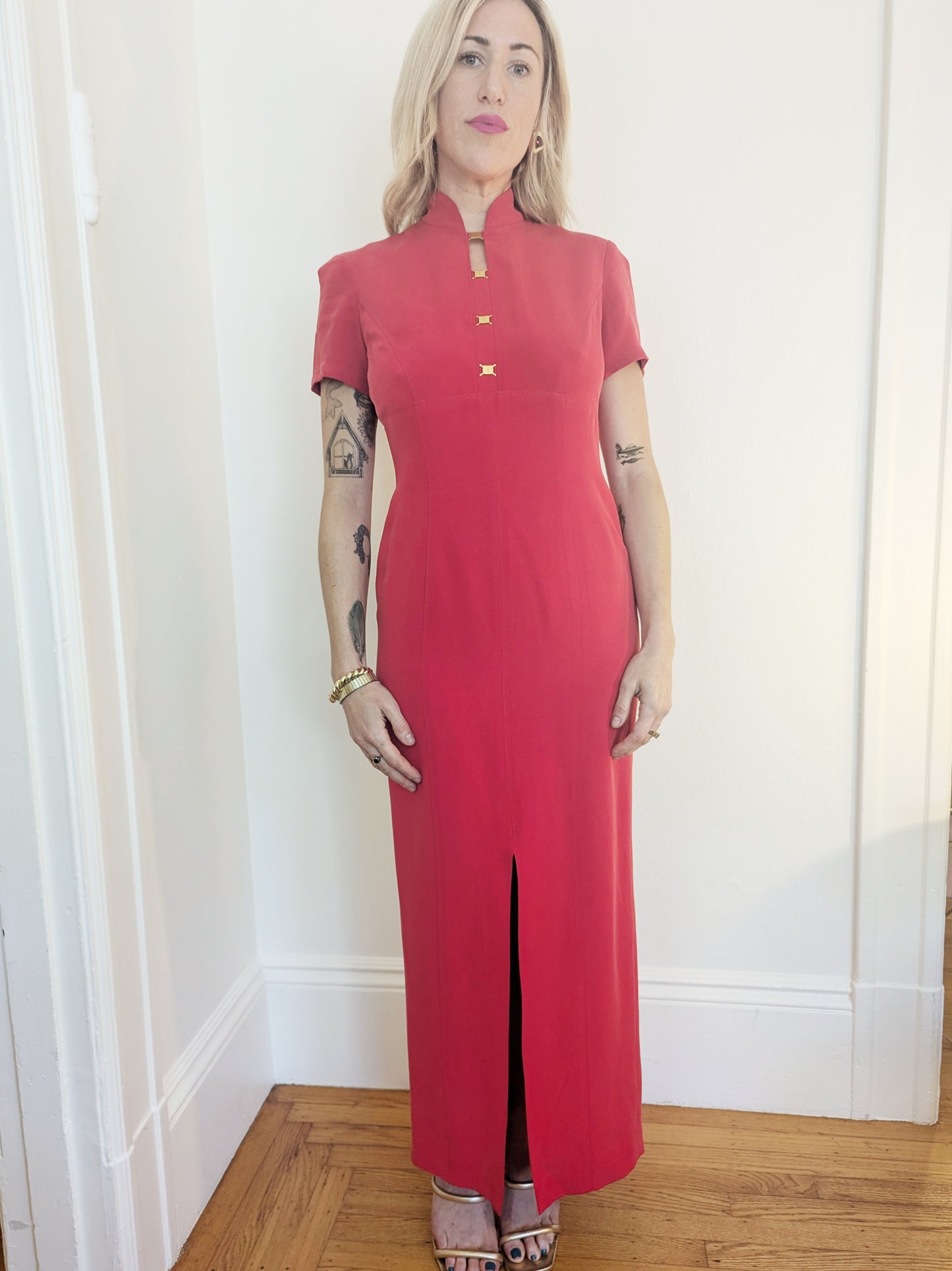 90s Red Silk High Neck Silk Dress