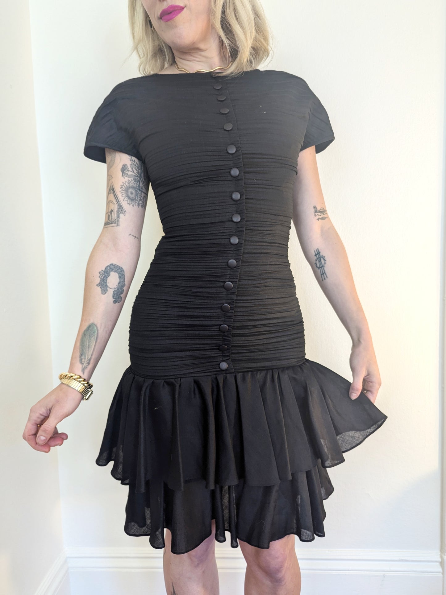 90s Pleated Party Dress with Ruffle Skirt