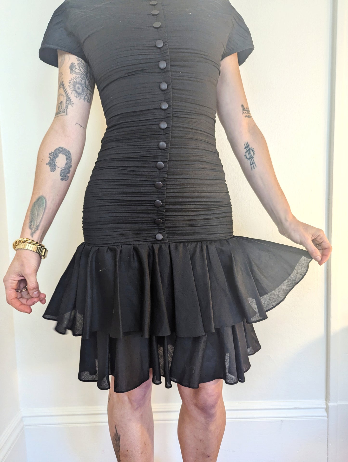 90s Pleated Party Dress with Ruffle Skirt